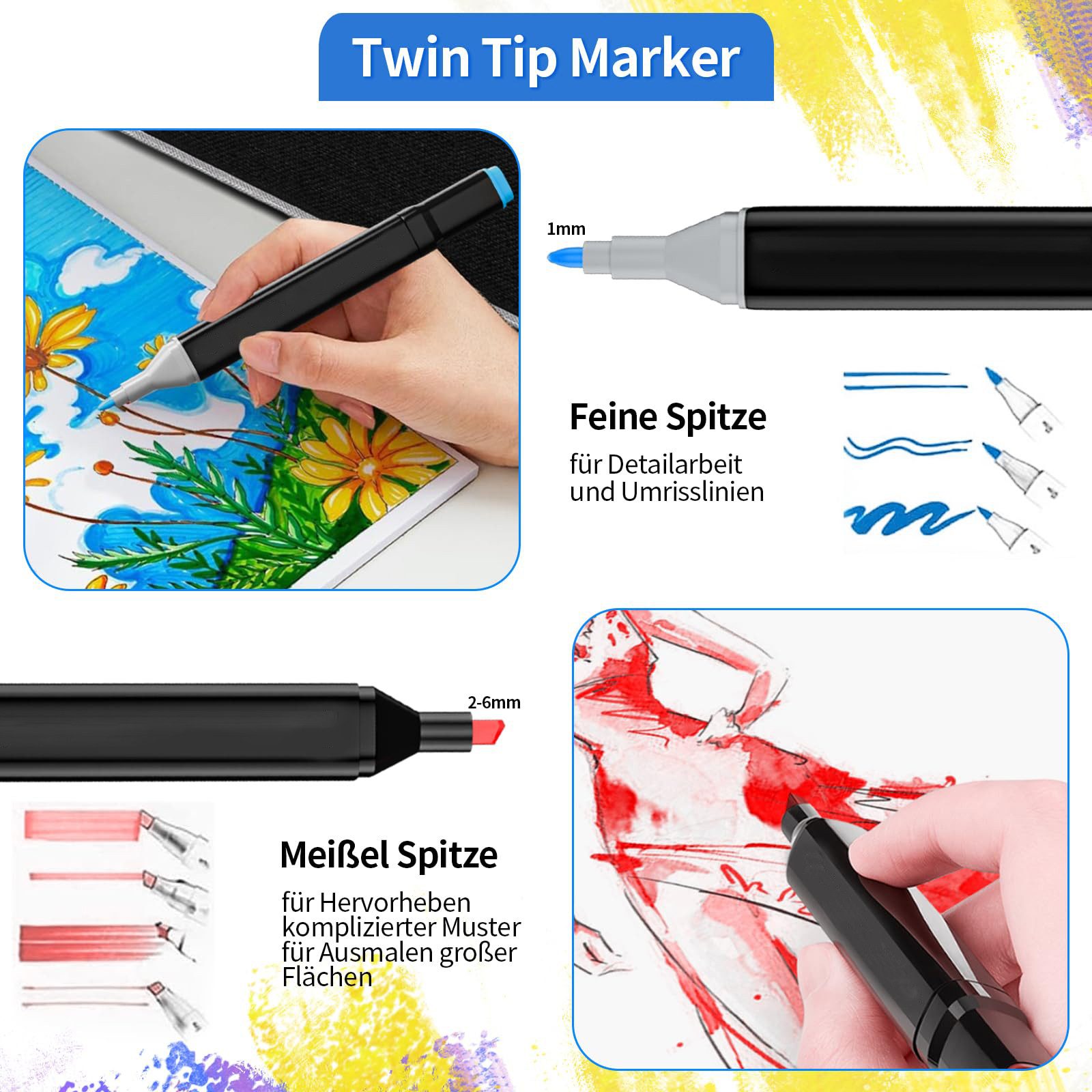 MOPUEA Permanentmarker Lackmarker 100 Farben Filzstifte Set Doppelseitige Marker Stifte, (Filzstifte Permanent Marker, 100-tlg., 100 doppelseitige Marker Stifte, Tragetasche), Malstifte für Erwachsene und Kinder