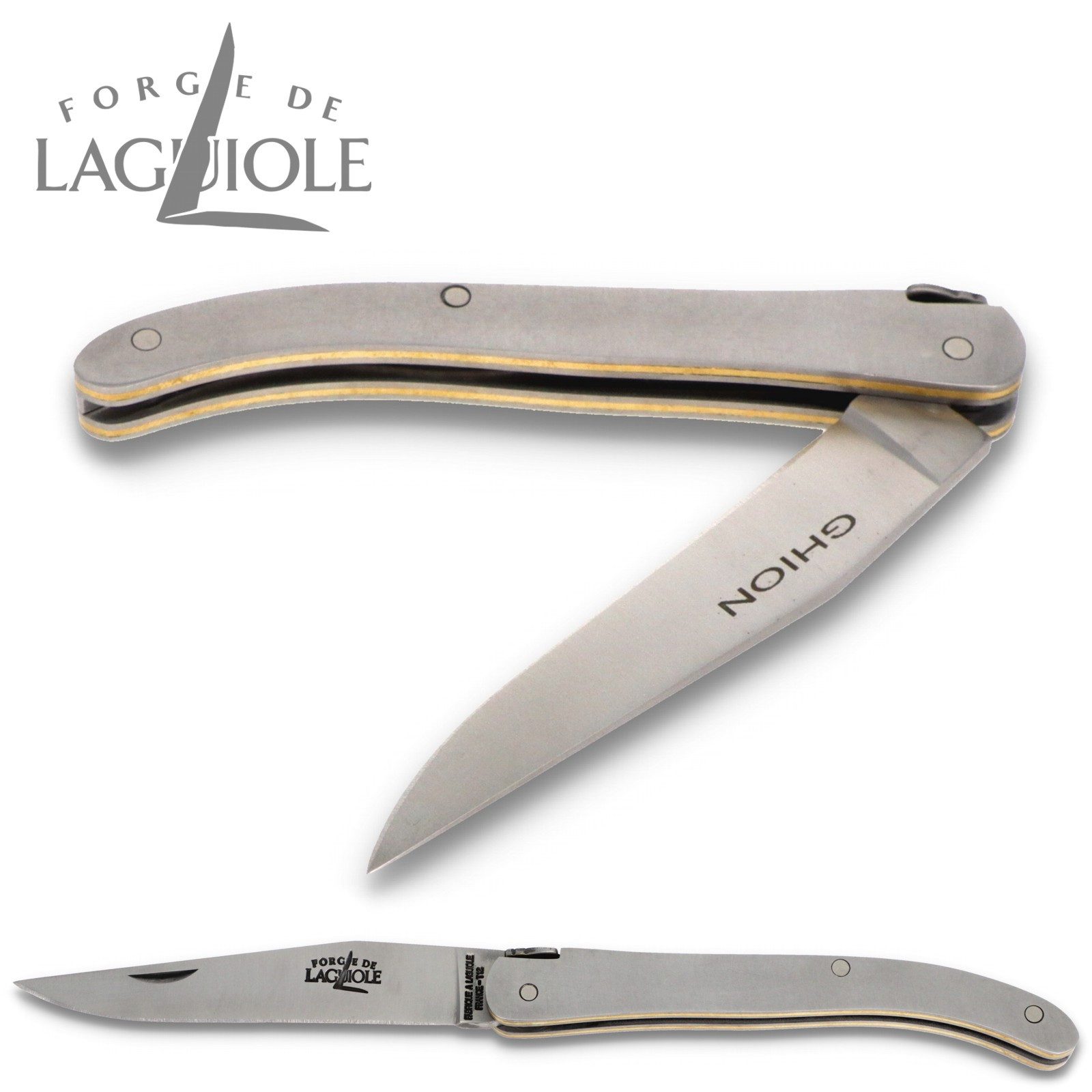 Forge de Laguiole Taschenmesser 109 SAT, "Ghion" - Griff 10cm Stahl - Verzierte Feder - Klinge Stahl satiniert