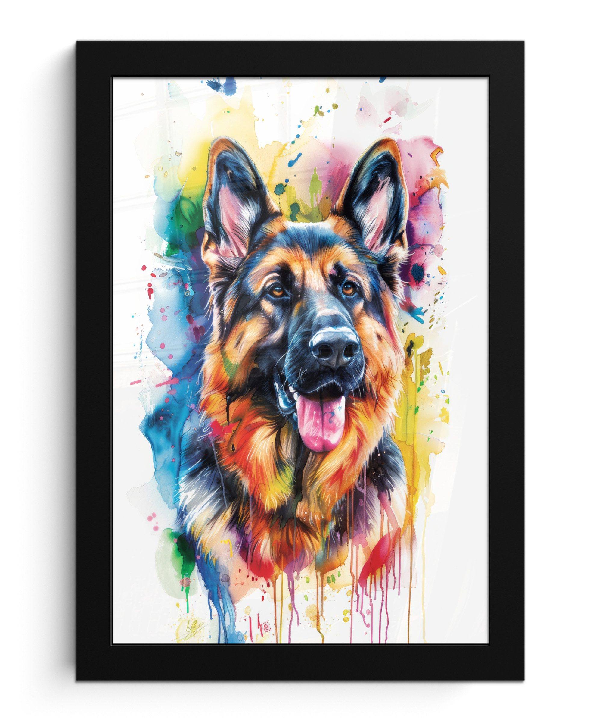 MuchoWow Poster Hund - Farbe - Tiere - Farbenfroh - Deutscher Schäferhund, (1 St), Bilderrahmen, Zimmer Deko, Bild für Wohnzimmer, 20x30 cm