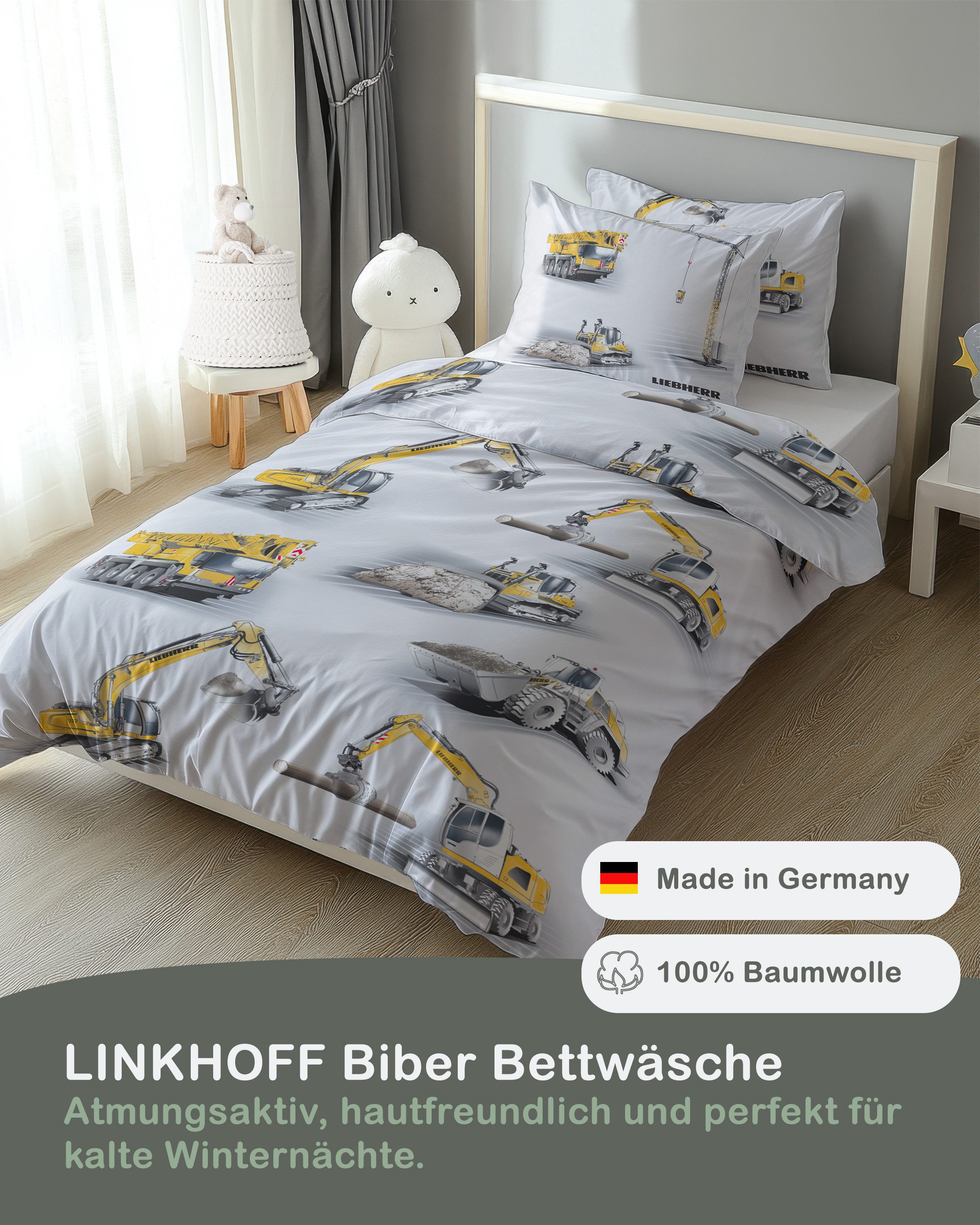 LINKHOFF Kinderbettwäsche Bagger Bettwäsche 135x200 2tlg. - LIEBHERR Baustellenmotive, Biber Bettwäsche-Set, Atmungsaktiv, Kuschelig, Bügelfrei – Bild 3 von 5