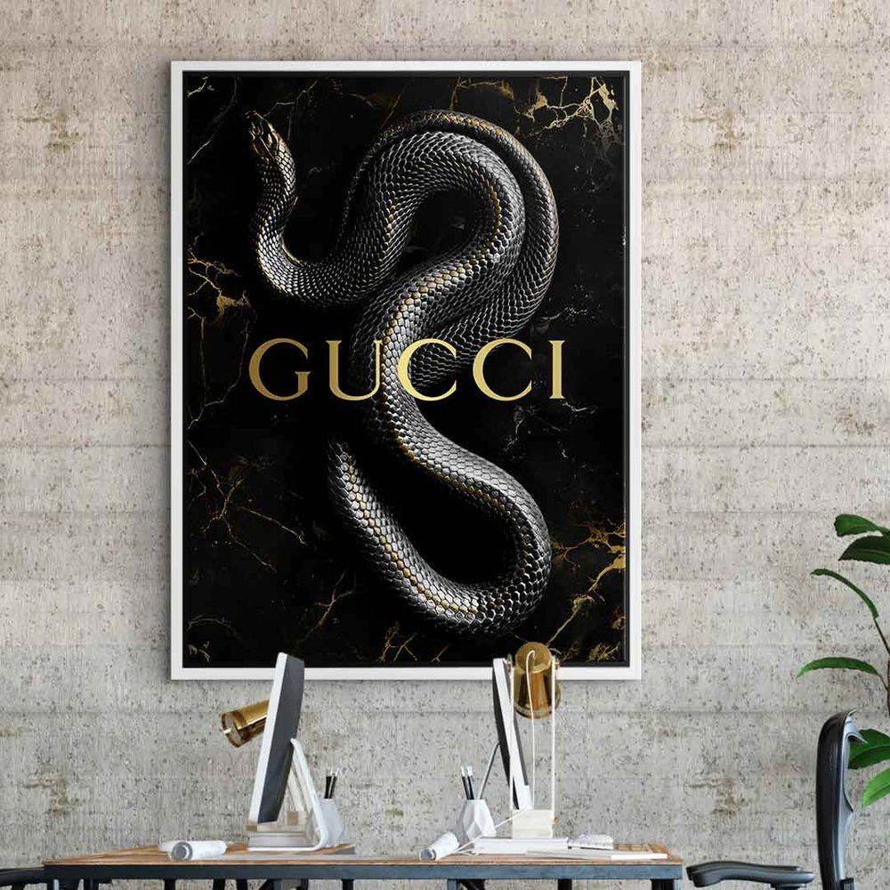 snake gold edel schwarz Schlange luxury DOTCOMCANVAS® Rahmen Leinwandbild, mit Leinwandbild Gucci schwarzer elegant