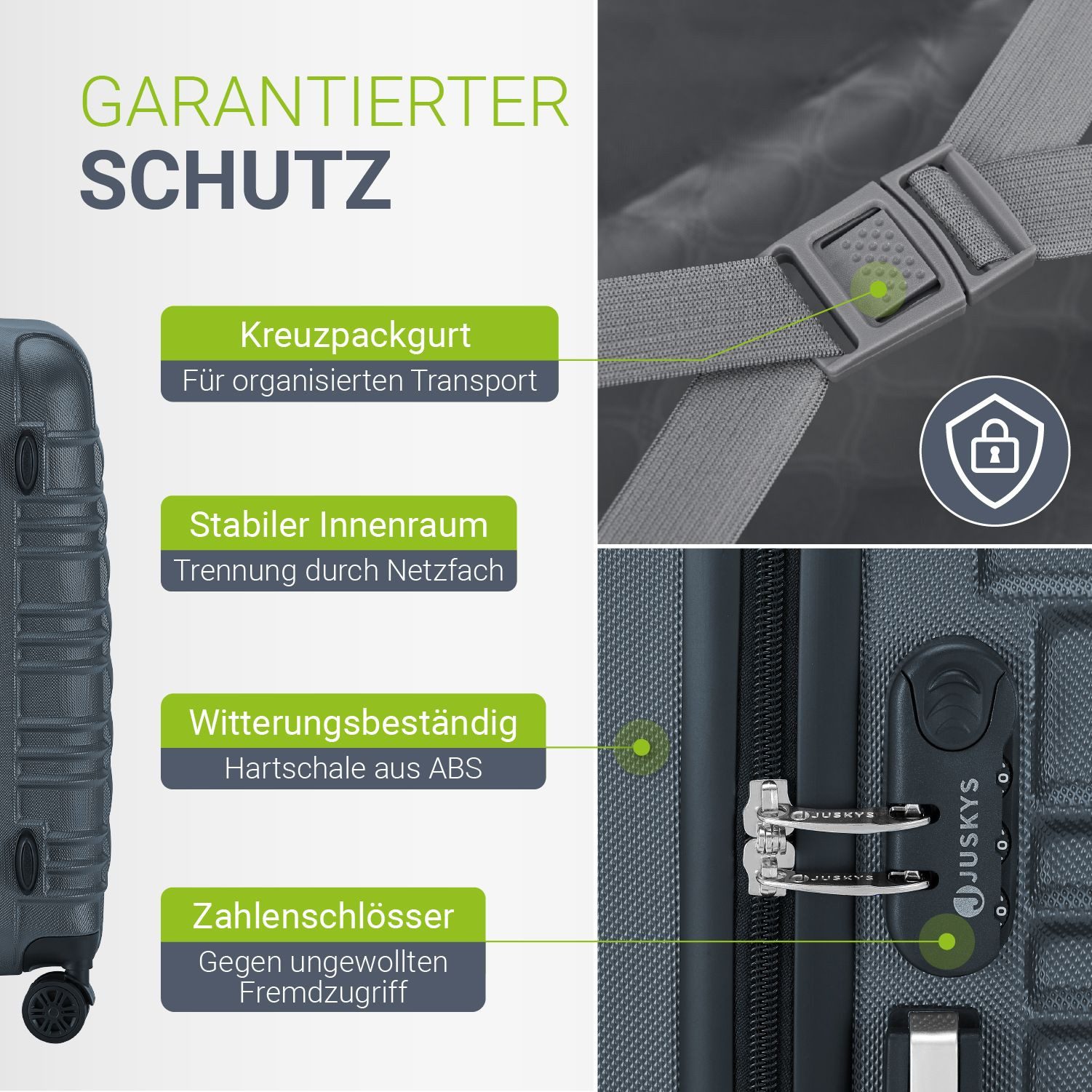 Juskys Trolleyset Rom, 4 Rollen, (4 tlg., 4-teilig), 4 Koffer, 360° Rollen, robuste Hartschale, mit Zahlenschloss