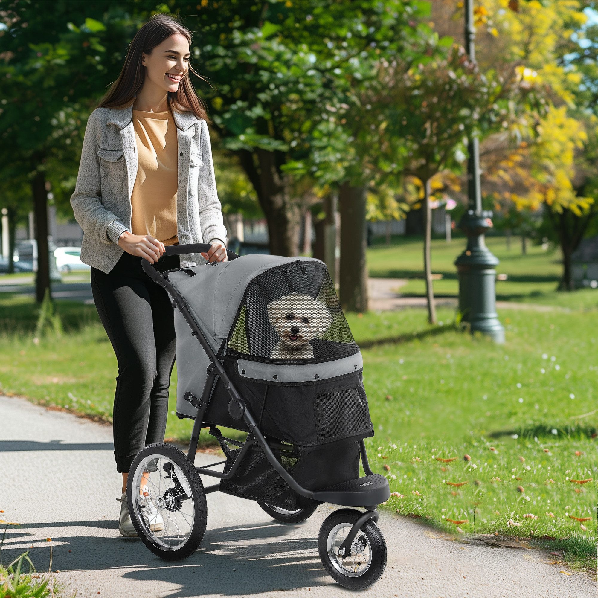 PawHut Hundebuggy mit 3 große Gummiräder, Kissen, Netzfenstern, Sicherheitsleinen, (Jogger Hundewagen, 1-tlg), für kleine Hunde & Katzen bis 10 kg, Grau