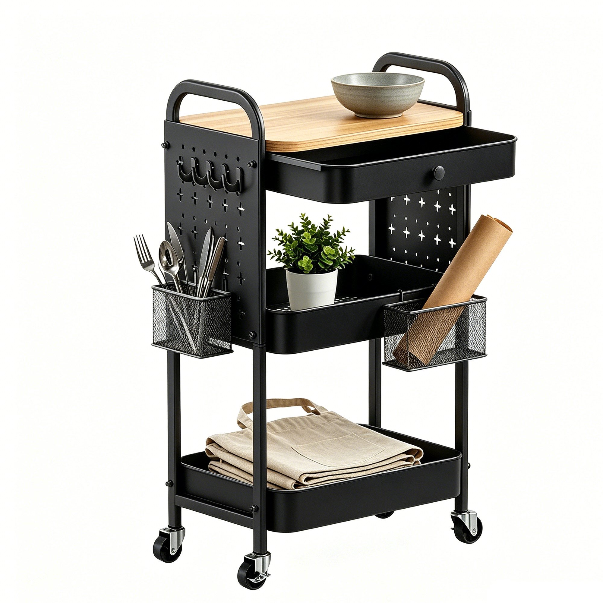 PFCTART Küchenwagen Küchenwagen mit Rollen & Schubladen, 3 Ebenen, Schwarz, (Set, 1 St., 31 × 46 × 74 cm, für Küche, Bad, Büro & Wohnzimmer), Servierwagen mit Rollen, Lochwand, 4 Haken & Metallkorb