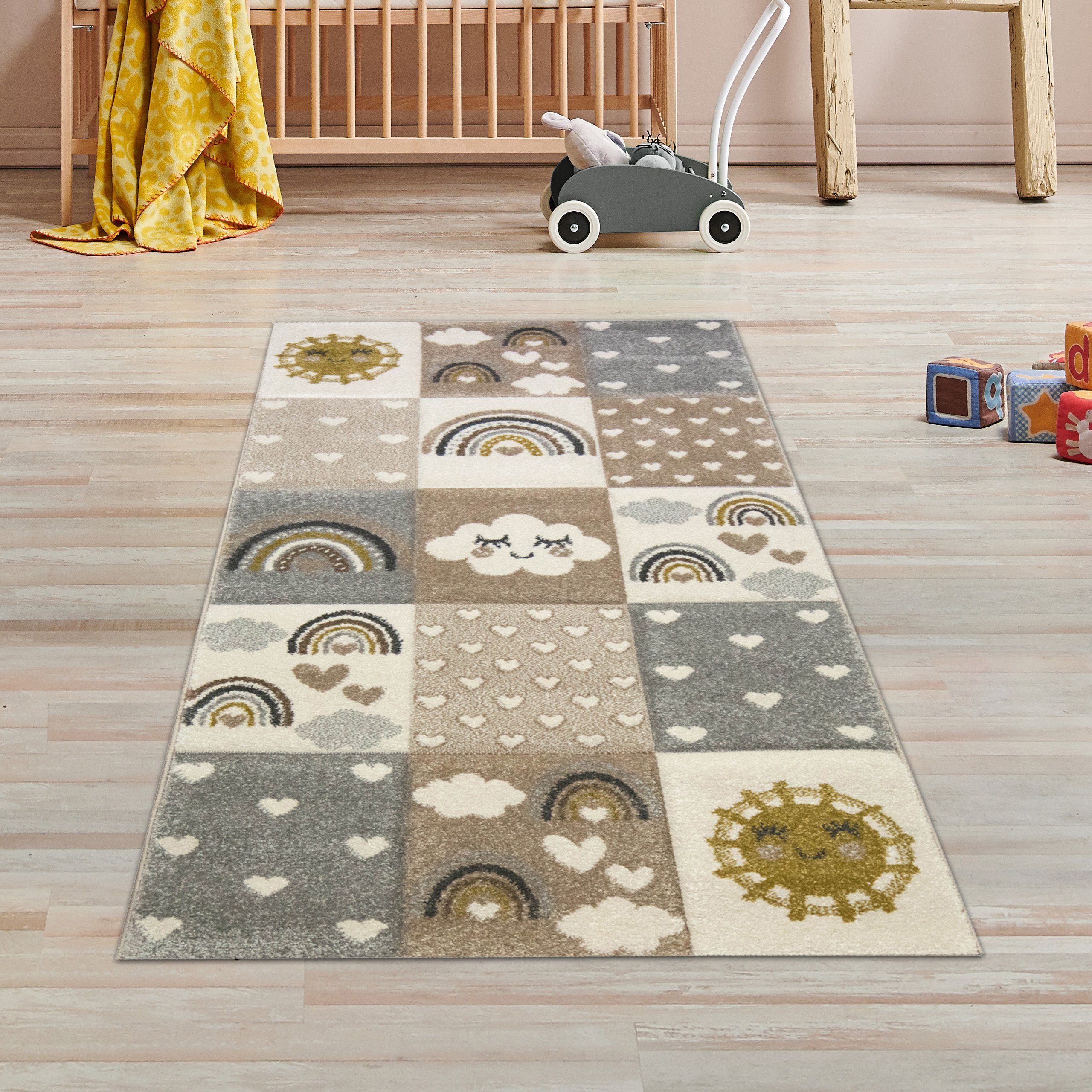 TeppichHome24 Kinderteppich Kinderteppich Herzchen Wolken beige grau braun, günstig online kaufen