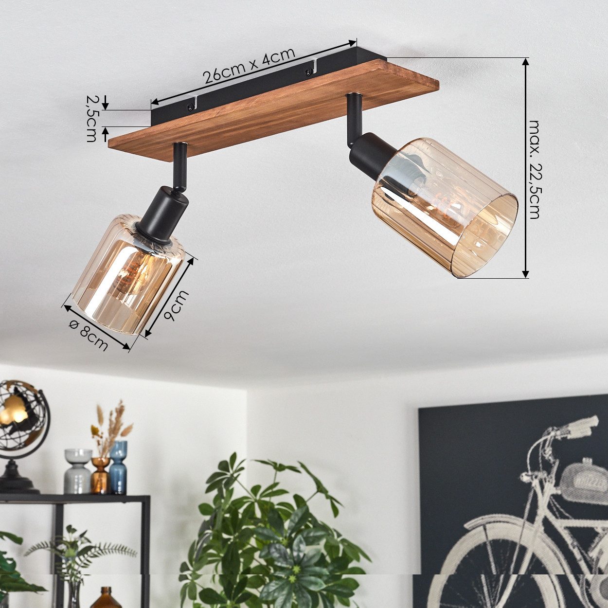 hofstein Deckenleuchte Deckenlampe aus Metall/Holz/Glas in Schwarz/Natur/Bernstein, ohne Leuchtmittel, moderne Industrial-Design Leuchte, mit Glasschirmen (8 cm – Bild 4 von 5