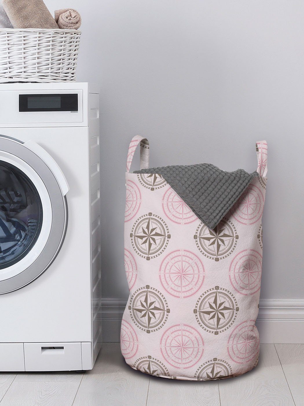 Windroses Kordelzugverschluss für Wäschekorb Wäschesäckchen mit Waschsalons, Kompass Griffen Abakuhaus Muster