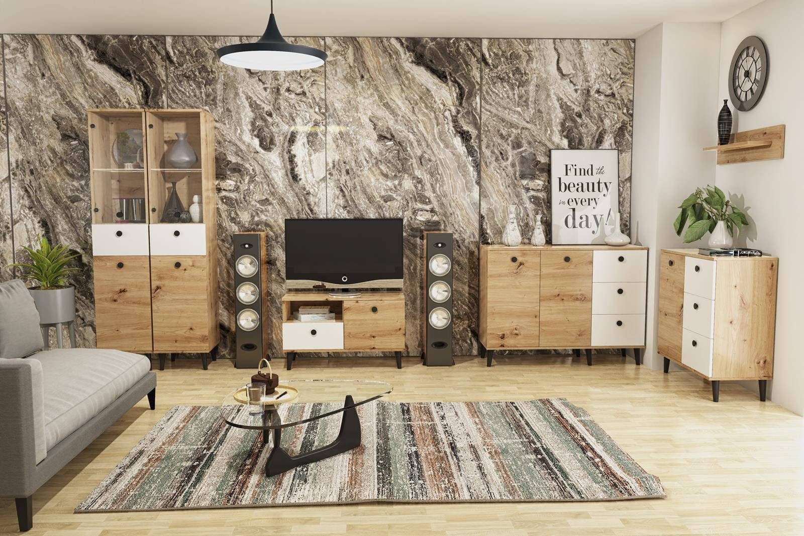 Holzbeine, Wohnzimmer loft weiße Sideboard, 3x Stil Beautysofa Kommode C1, Schubladen, schwarzer