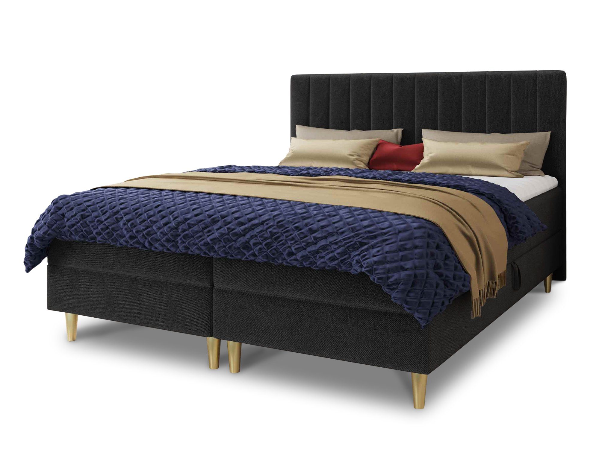 Sofnet Boxbett Gold (mit zwei Bettkästen, Bonell-Matratze und Topper), Doppelbett, Polsterbett mit Kopfteil, Gold Füße, Boxspringbett