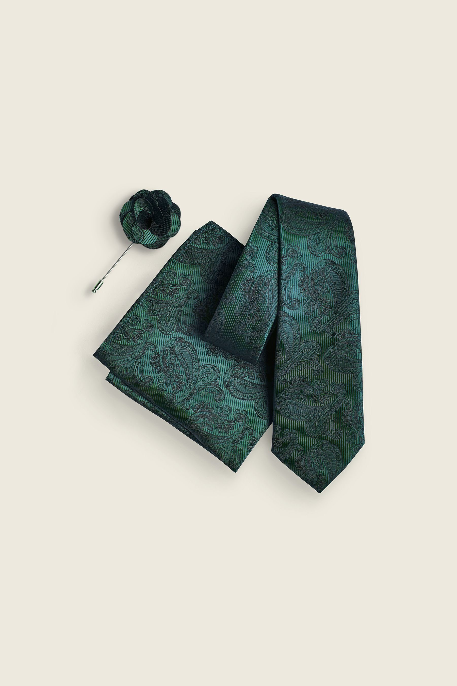 Next Krawatte Schmale Krawatte, Einstecktuch und Anstecknadel (3-St) Forest Green Paisley