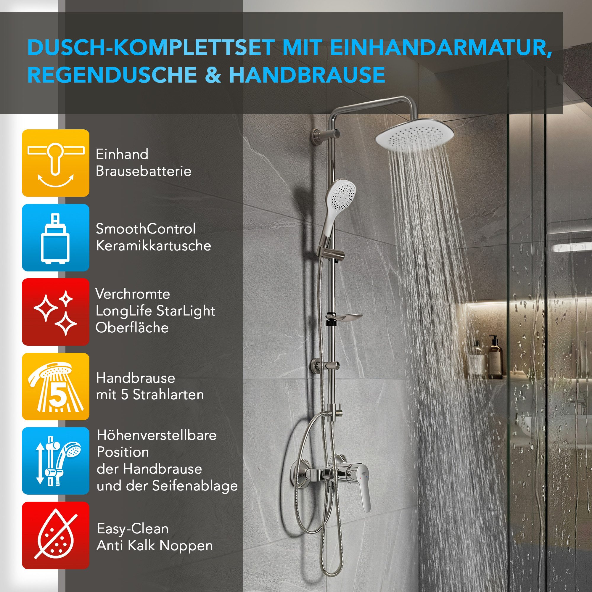 Grohe Duscharmatur BauEdge Mischbatterie Set mit Aloni Handbrause und Regendusche Chrom (Spar-Set) Chrom Duschset mit 1,5m Schlauch & Seifenhalter, mit Regendusche