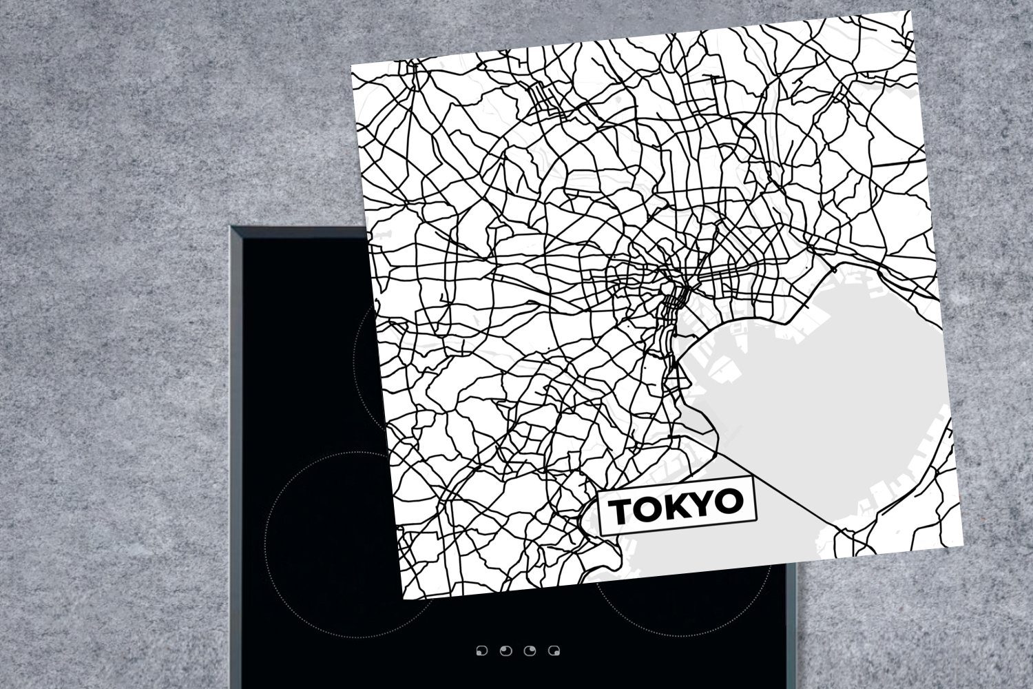 MuchoWow Herdblende-/Abdeckplatte Karte - weiß Vinyl, Karte, und - Ceranfeldabdeckung, - (1 cm, Arbeitsplatte für Tokio Schwarz - tlg), 78x78 küche Stadtplan