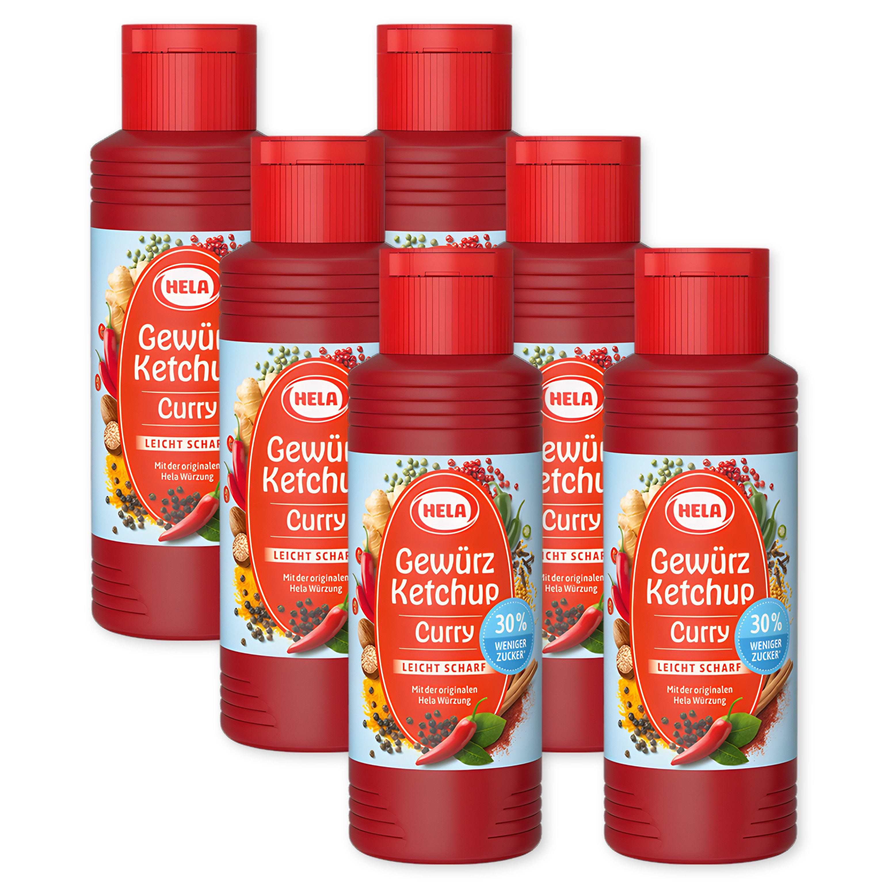 HELA Grillsauce 6x300ml Ketchup Flasche leicht scharf 30% weniger Zucker Gewürzketchup, 0.3 l, 300 ml