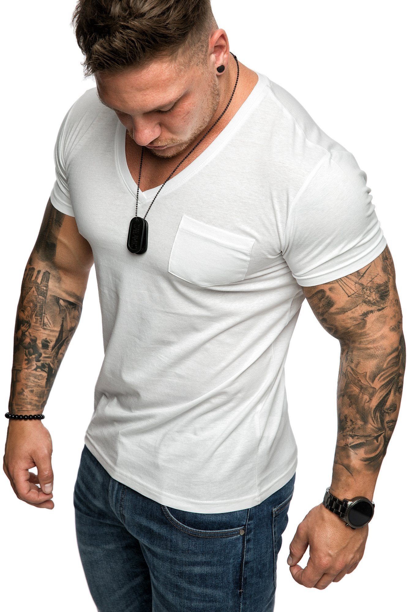 Brusttasche V-Ausschnitt PATERSON mit Herren mit Basic T-Shirt Oversize Vintage Weiß V-Ausschnitt Basic und T-Shirt Shirt Amaci&Sons