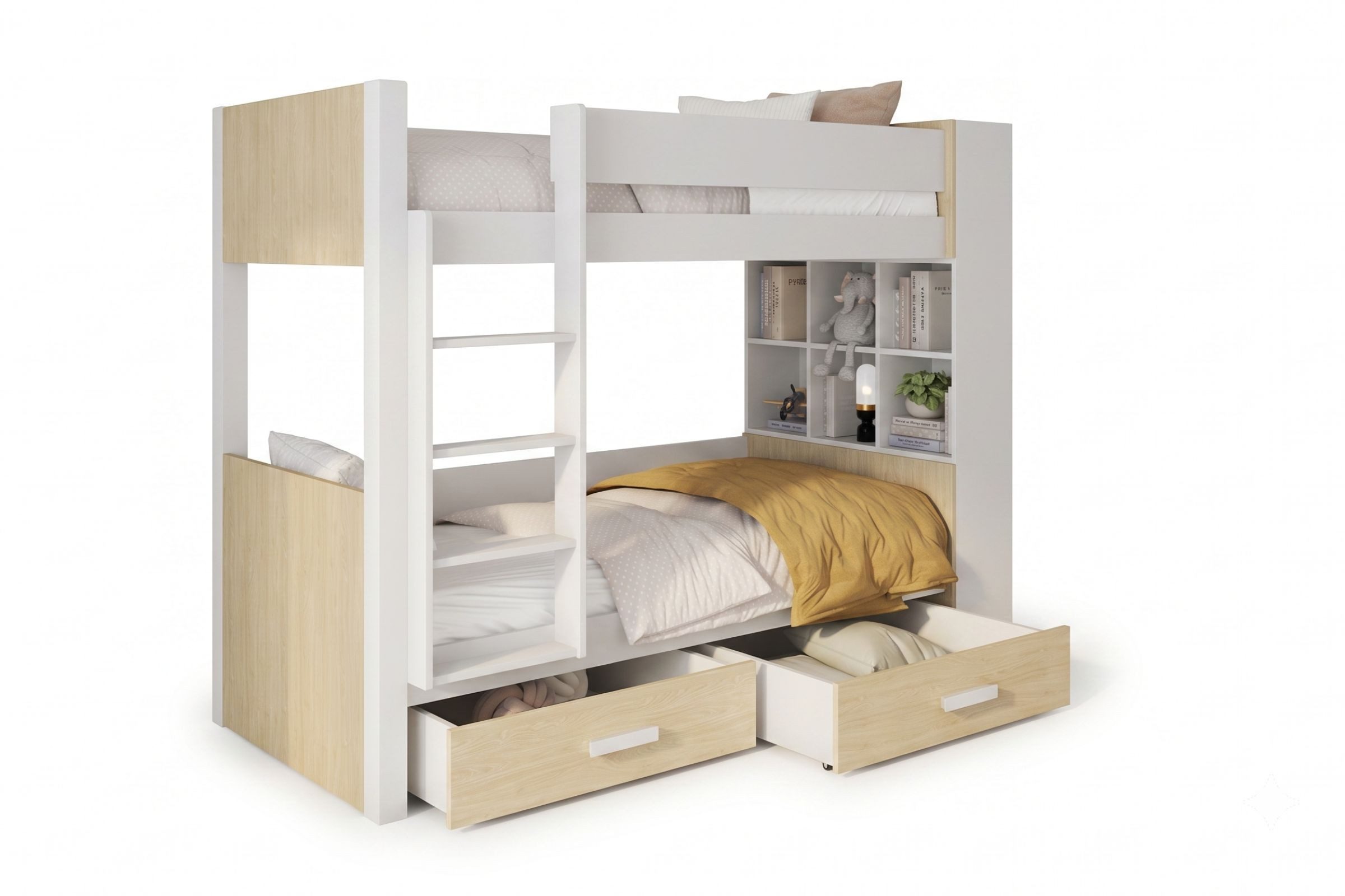 Deine Möbel 24 Etagenbett GEORG 80x180 90x200 mit Regal, Lattenrost & 2 Schubladen (Bett für 2 Kinder, 1-St., Multifunktionsbett Kinderbett, Leiter links / rechts), lin Weiß Eiche, Massivholz + Laminatplatte