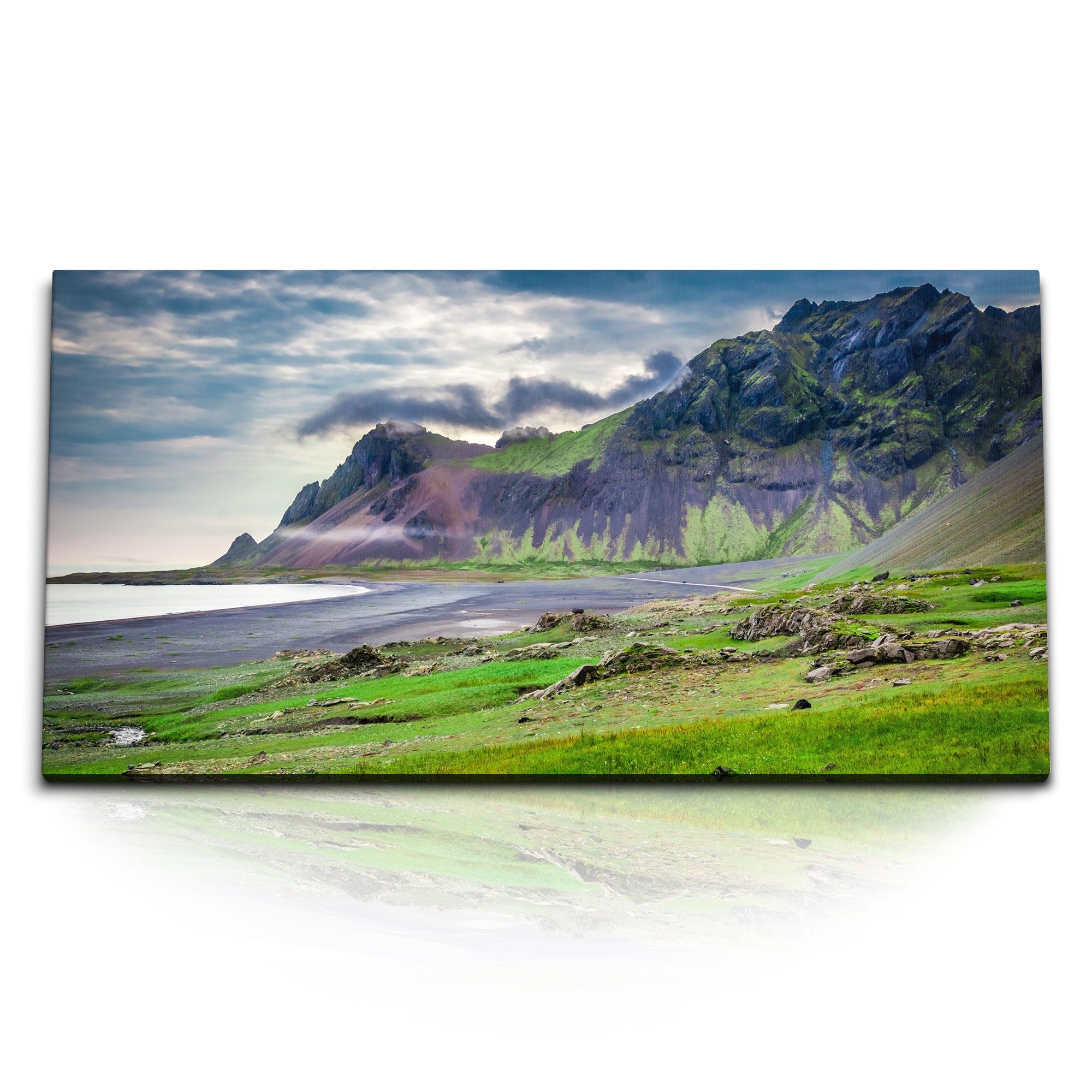Leinwandbild Kunstdruck Bilder 120x60cm Island Küste Vulkan Ozean Grün Natur Berge