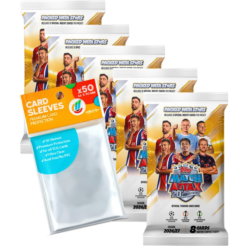 Topps Sammelkarte Match Attax Champions League 26/27 TCG - 5 Booster + collect-it Hüllen