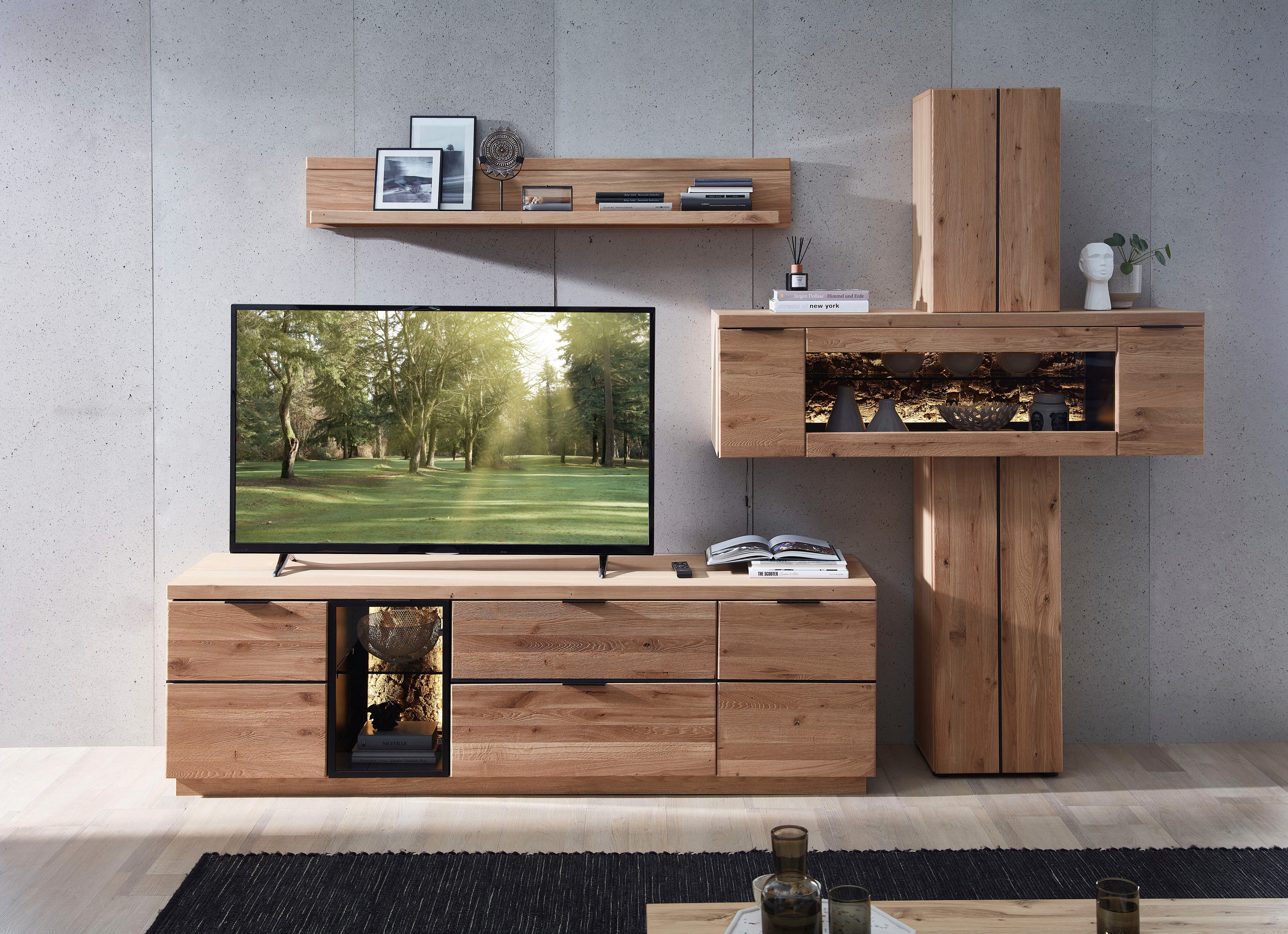 Innostyle Wohnwand Donna Wohnwand, 303x203x50 (BxHxT) Echtkork Absetzung, (3-St), Beleuchtung optional Softclose, Satuelement L/R verwendbar