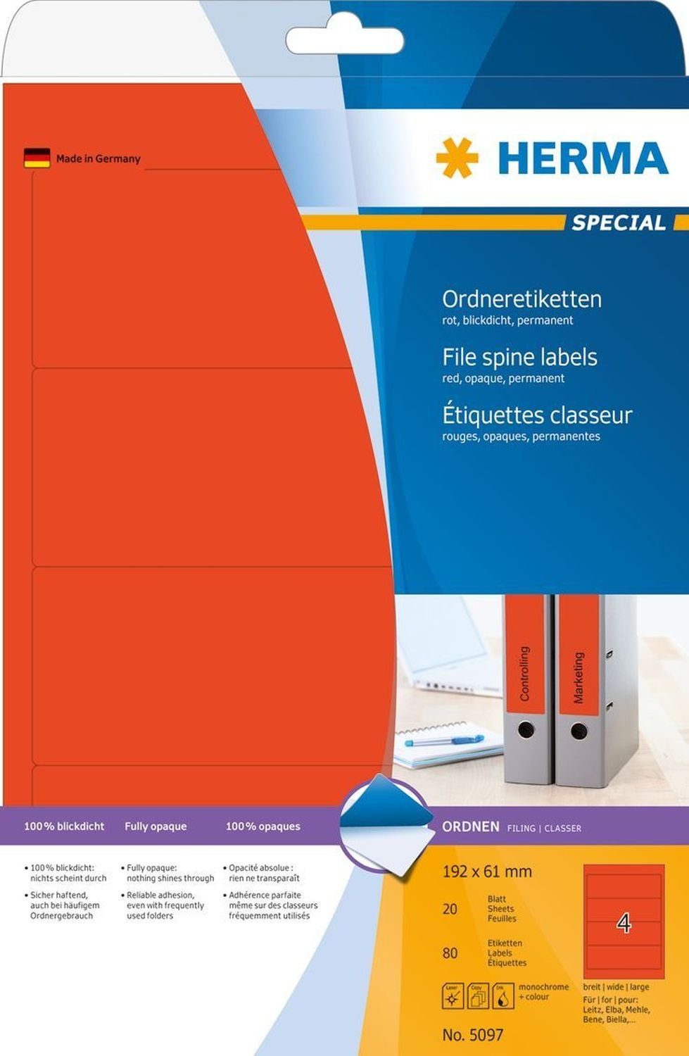 Hinweisschild HERMA 5097 Ordnerrücken-Etiketten SPECIAL, 192 x 61 mm, rot