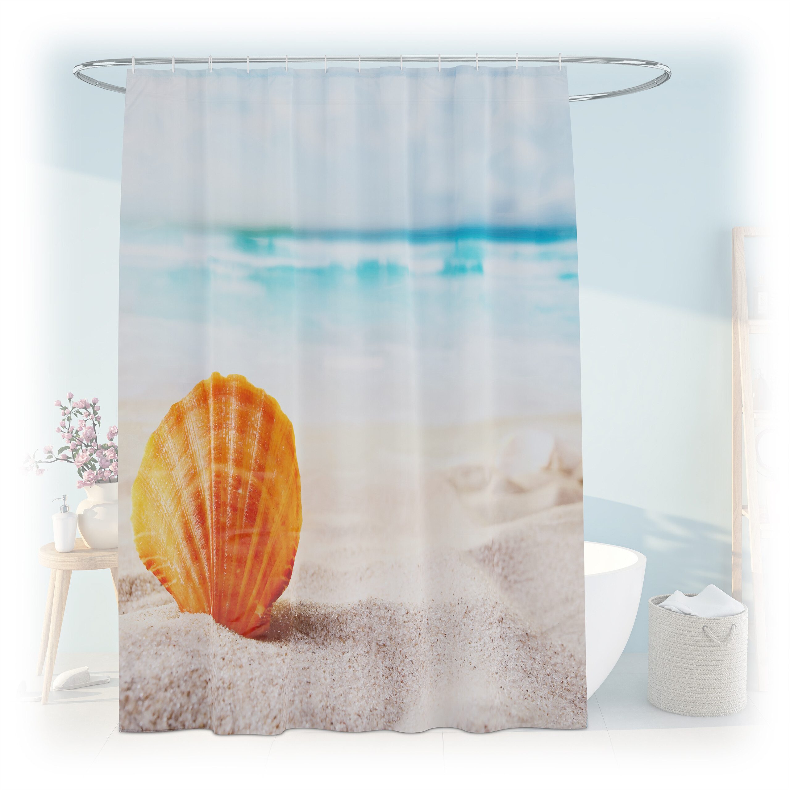 relaxdays Duschvorhang 180x200 cm mit Motiv Breite 180 cm (Strandmuschel), günstig online kaufen