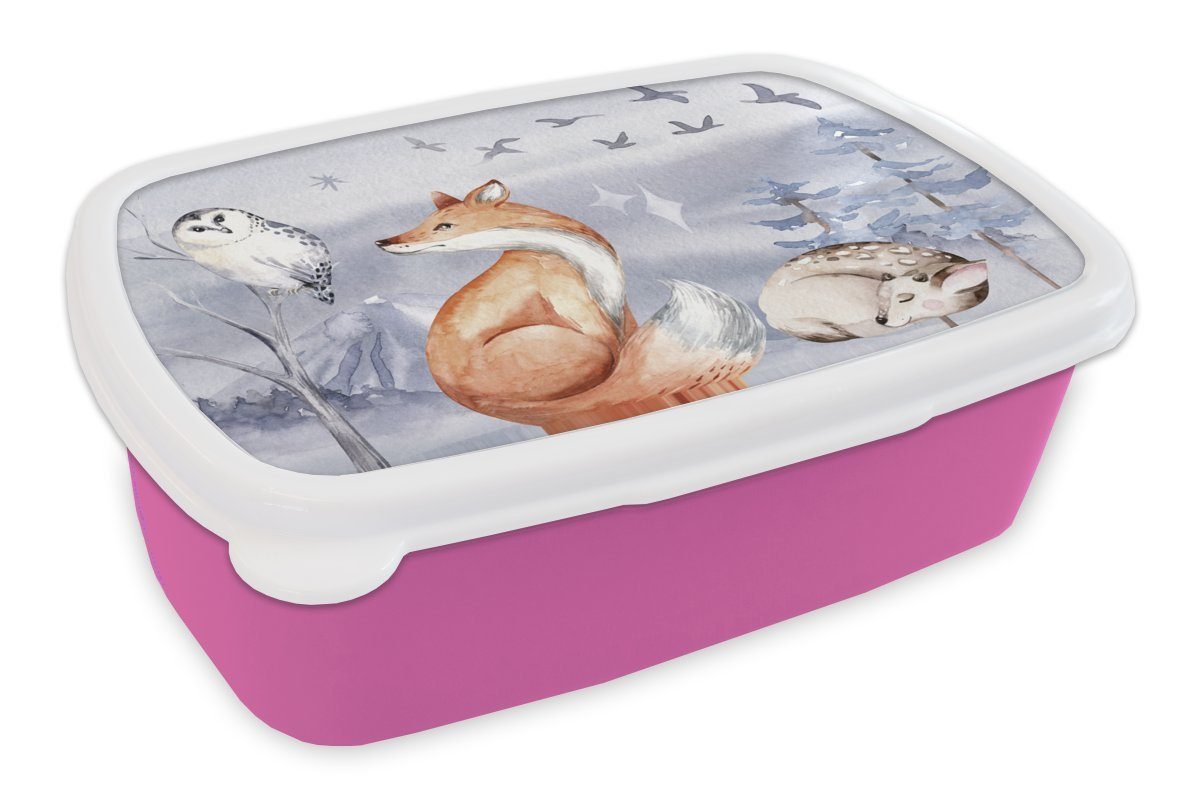 MuchoWow Lunchbox Winter - Eule - Hirsch - Fuchs, Kunststoff, (2-tlg), Brotbox für Erwachsene, Brotdose Kinder, Snackbox, Mädchen, Kunststoff rosa