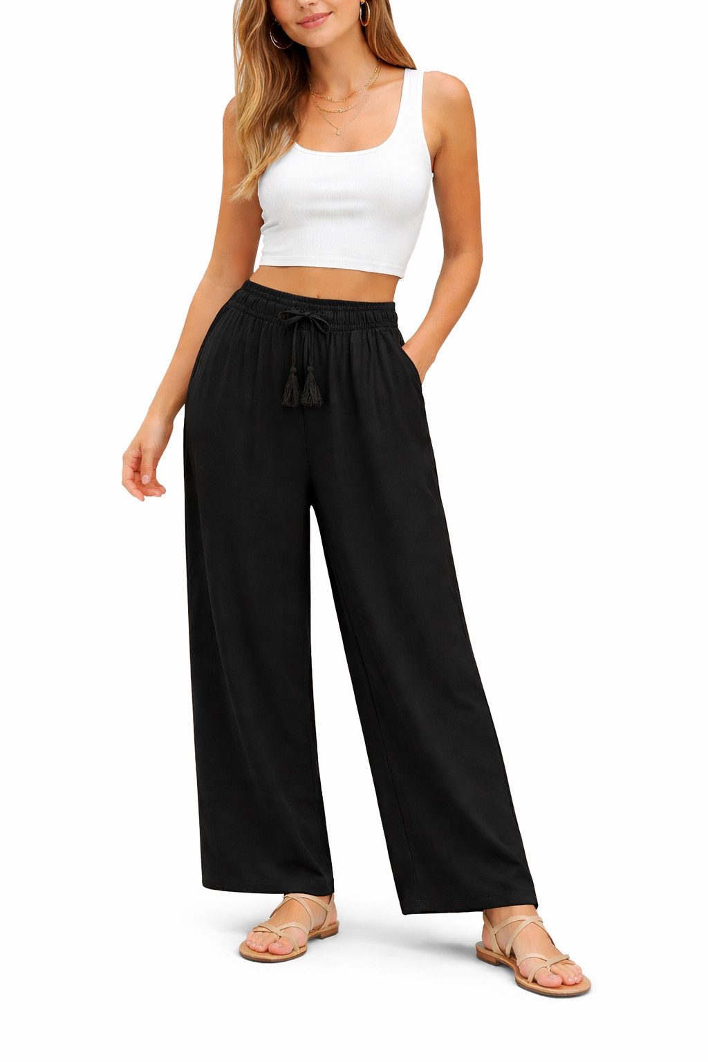 SUBLEVEL Chinos Damen Luftige Sommerhose Freizeit Weit geschnitten Stoffhose Musselin