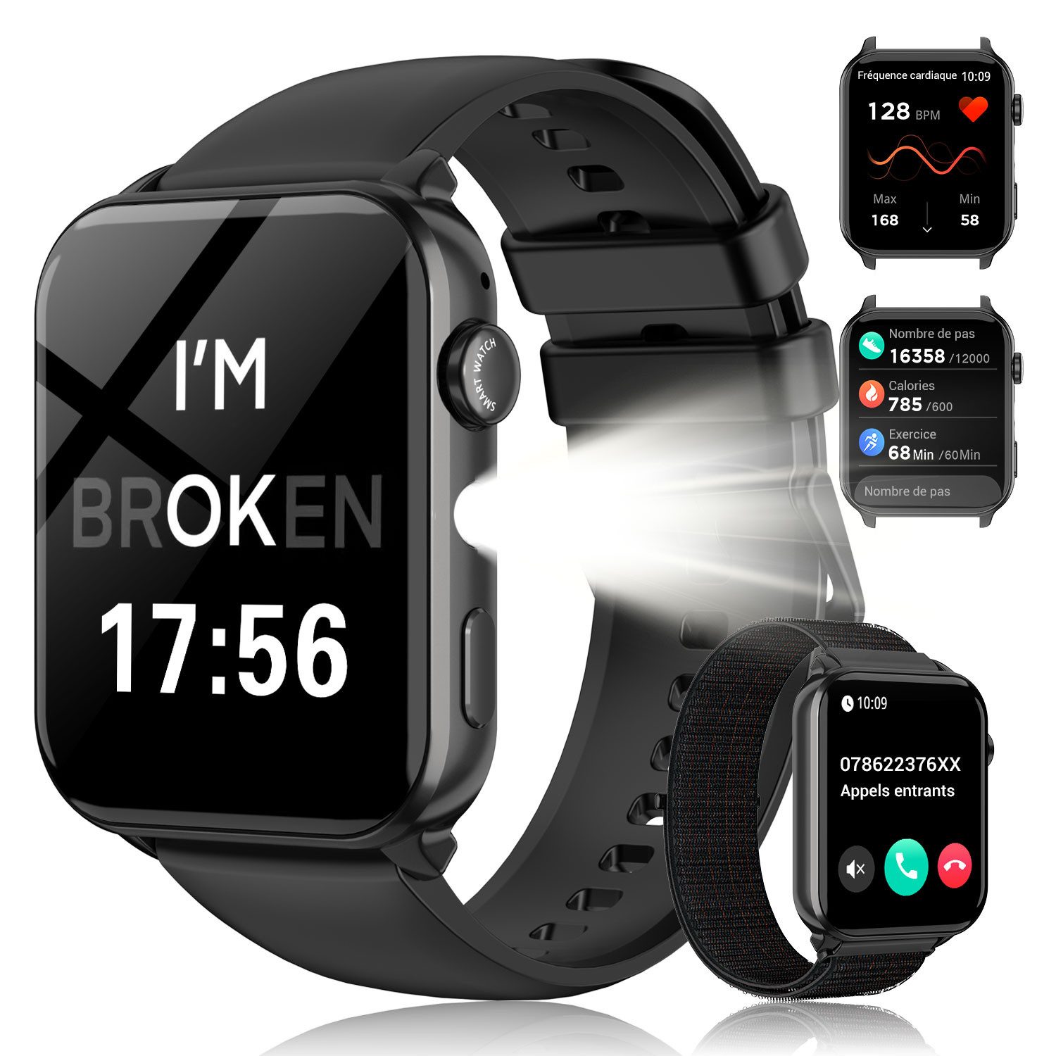 blackview Smartwatch Herren Damen, LED-Leuchte, 350mAh (6 Tage), 2 Armbänder Smartwatch (1.91 Zoll, iOS/Android), mit Wechselband aus weichemSilikon und Ladekabel, Antwort & Anruf tätigen,Herzfrequenz,Schlafmonitor,SpO2,Schritten,IP68
