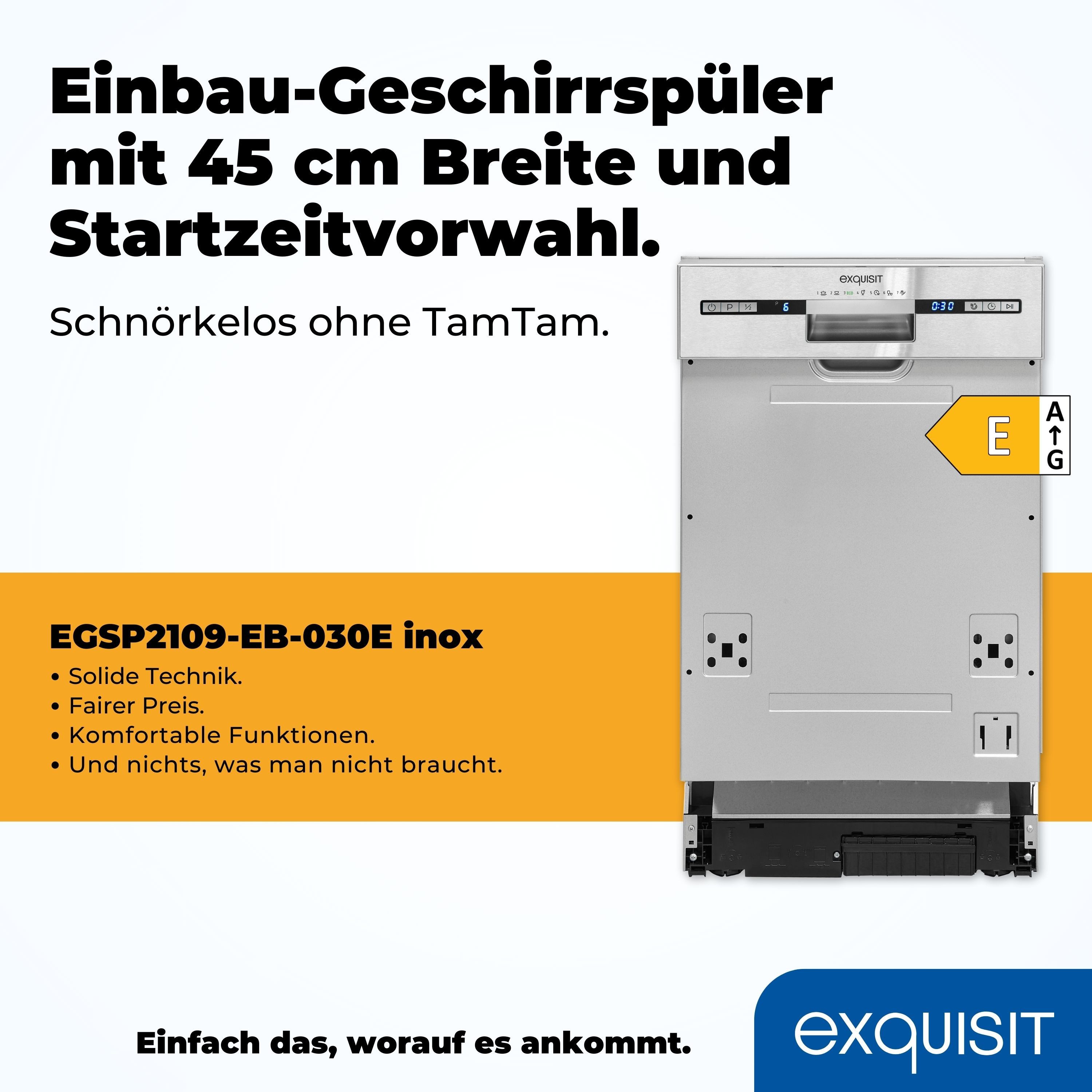 exquisit teilintegrierbarer Geschirrspüler EGSP2109-EB-030E, 9 Maßgedecke, Kompakt und ideal für kleine, schmale Nischen, kleine(Single)Haushalte – Bild 3 von 5