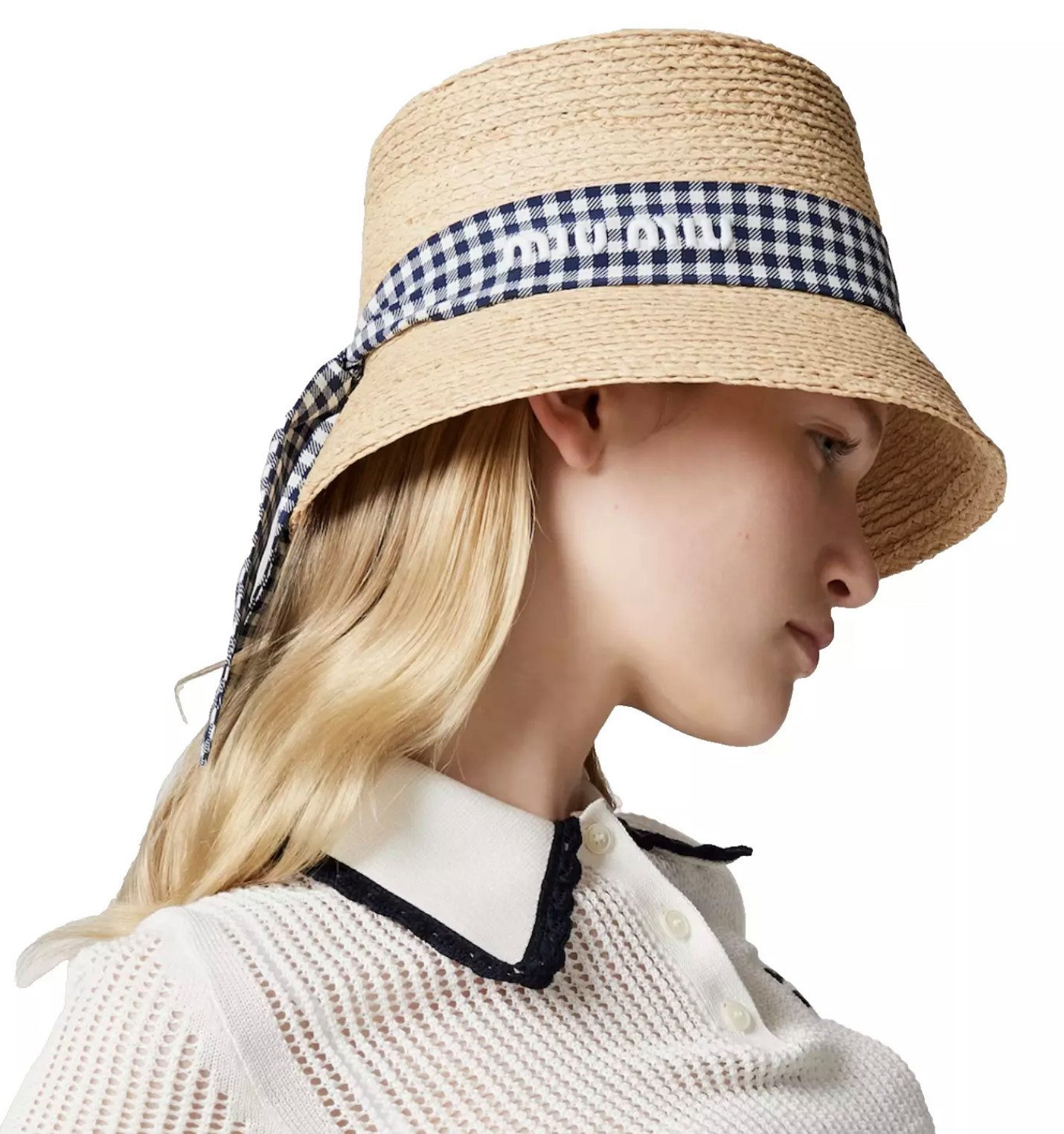 Miu Miu Fischerhut Gingham Fischerhut Hut aus Raffia mit Vichy-Muster