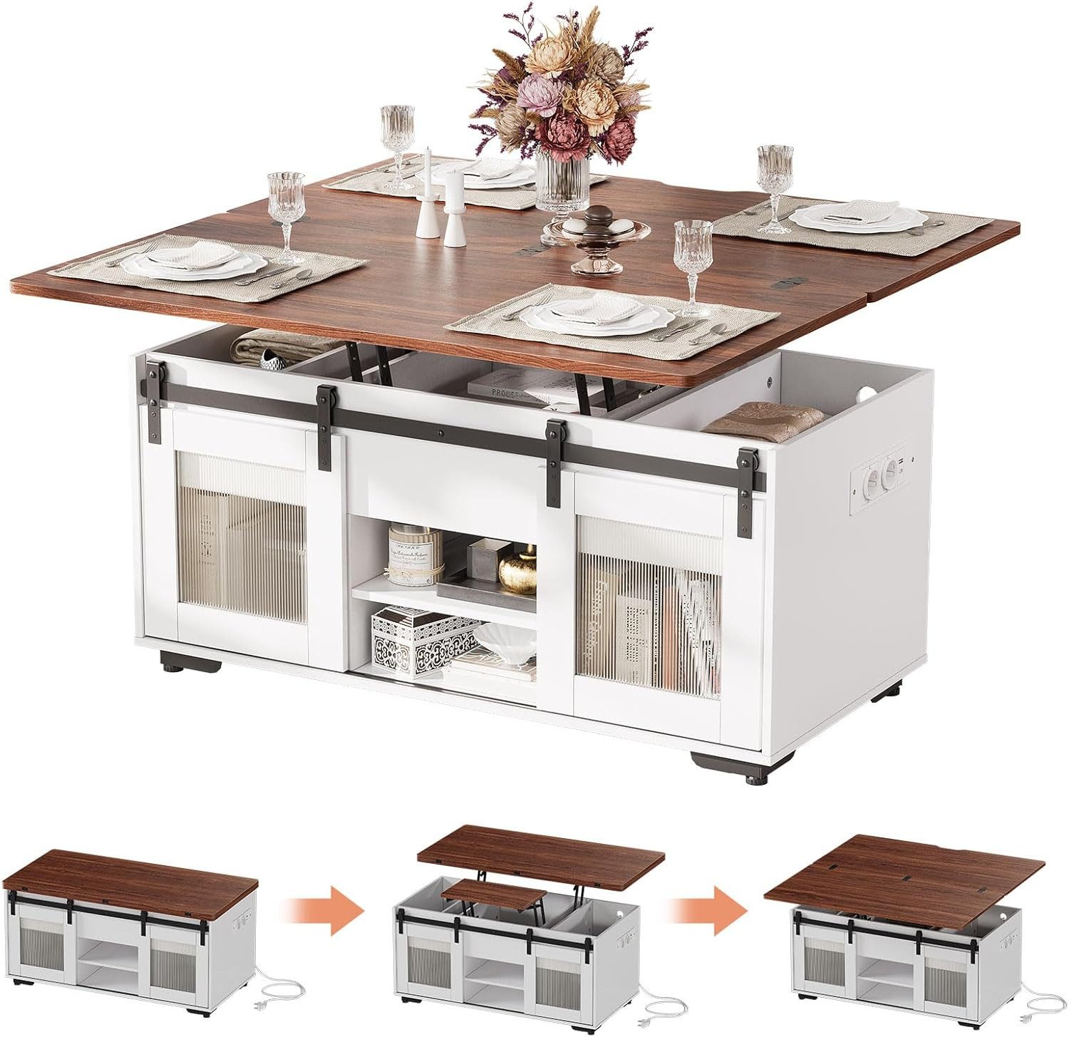 TWSOUL Couchtisch Höhenverstellbarer Couchtisch mit Steckdosen & Stauraum, 3-in-1 Wohnzimmertisch, Versteckter Stauraum,100×48 cm