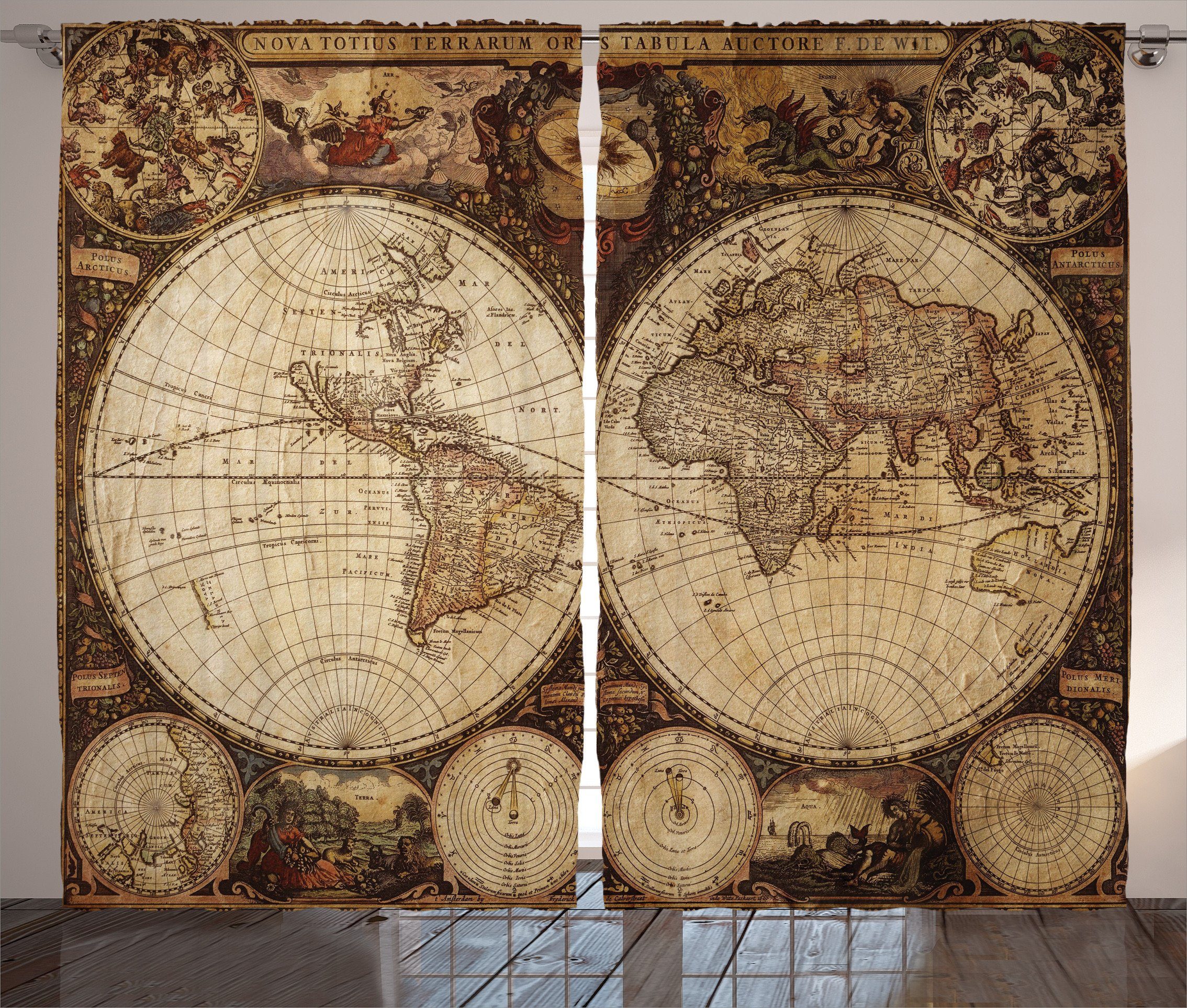 Gardine Schlafzimmer Kräuselband Vorhang mit Schlaufen und Haken, Abakuhaus, Weltkarte Historische alte Atlas | Fertiggardinen