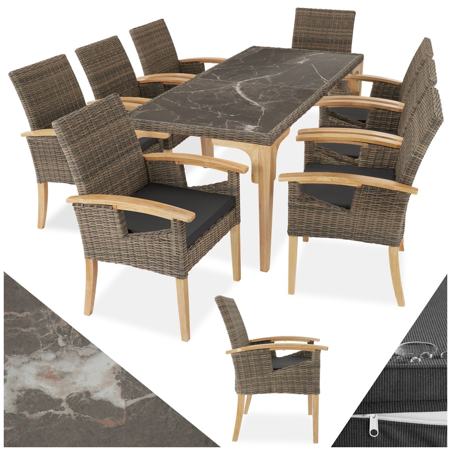 tectake Sitzgruppe Rattan Tisch Foggia mit 8 Stühlen Rosarno, (Set, 9-tlg), Esstisch-Set