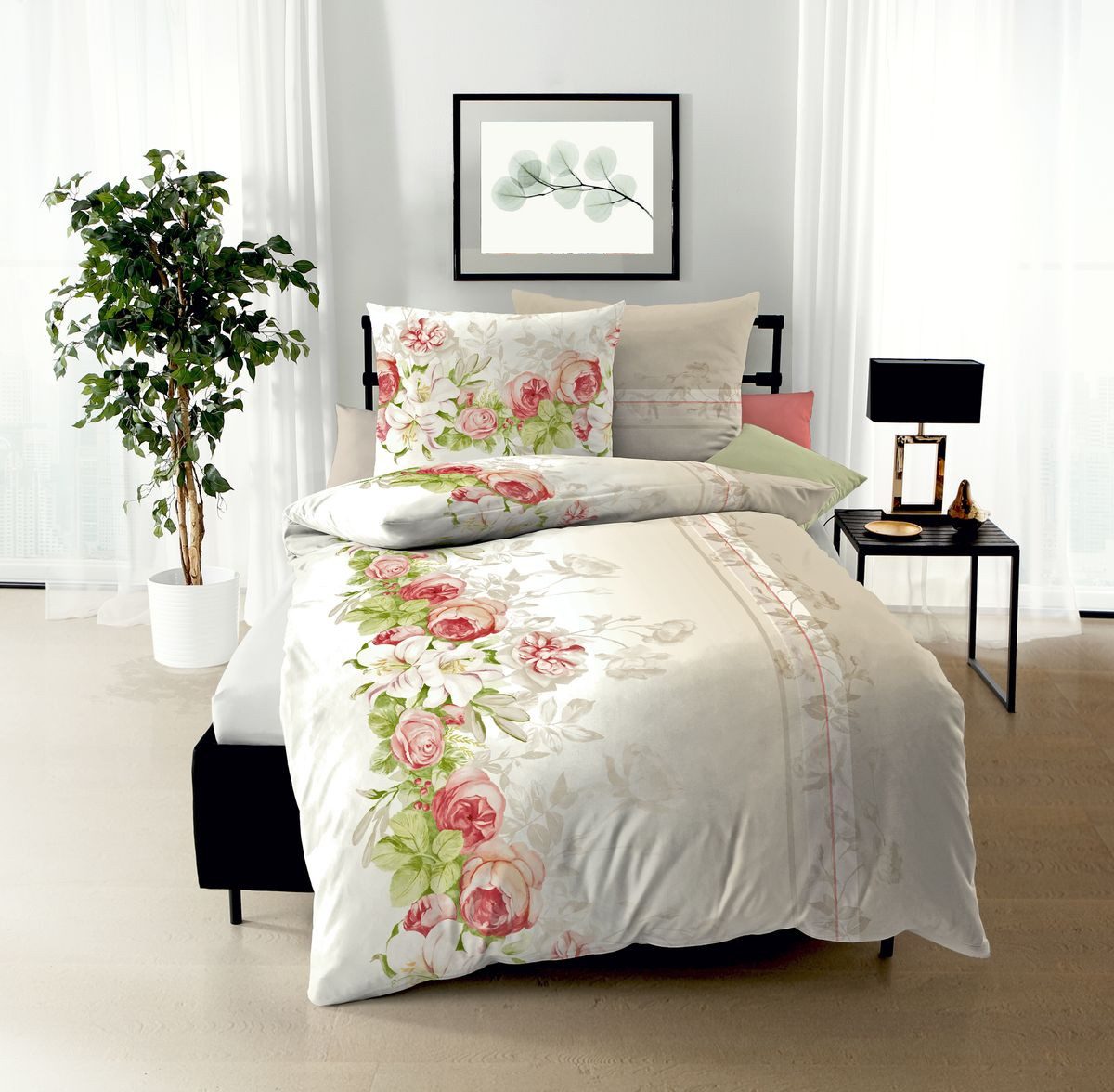 JACK Bettwäsche 135x200cm Marianne Blüten Natur Rosa Kaeppel, Biber, 2 teil günstig online kaufen