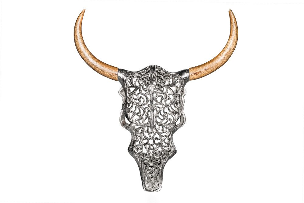 riess-ambiente Wanddekoobjekt EXOTIC BULL 57cm silber/natur - Metall, Mangoholz, Stierkopf, handmade, Tierische Skulptur - ideal für Wohn- und Schlafzimmer oder Flur
