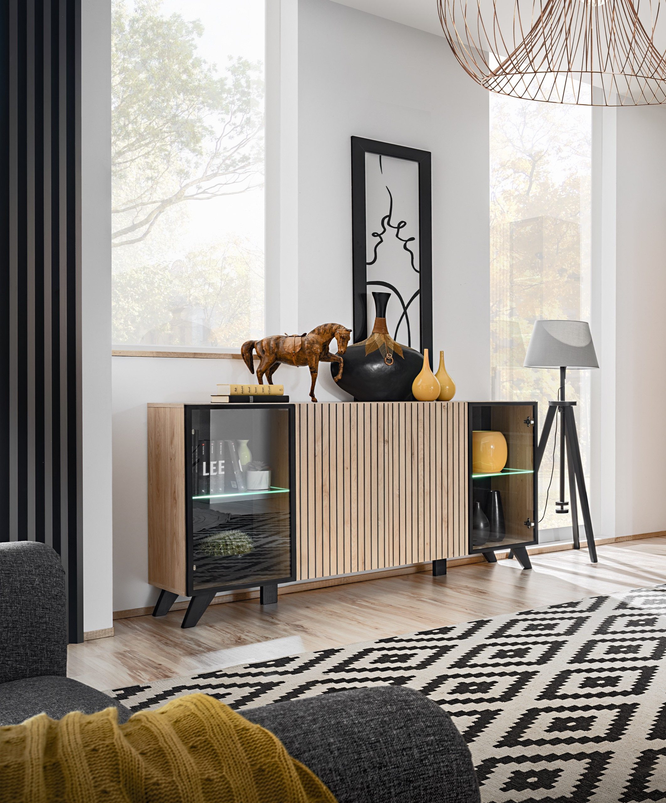 ASM-Moebel Kommode Kommode Sideboard LIAM mit Lamellen LED Beleuchtung und Push - Click, Mit Led Beleuchtung und Push-Click System