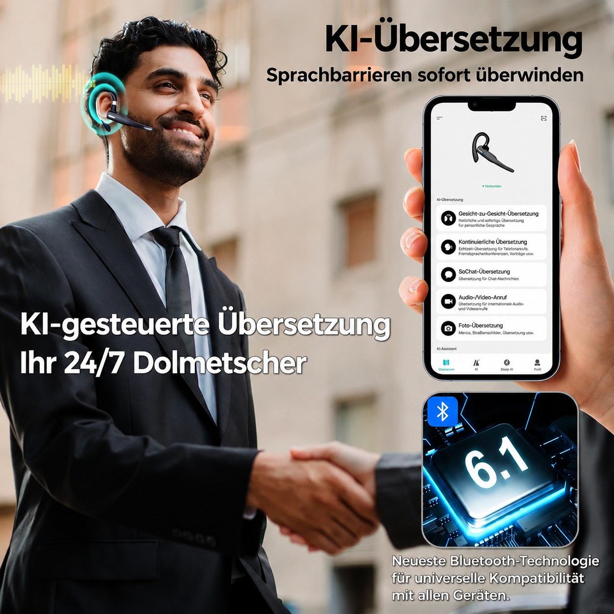 Futicare Business Bluetooth Headset mit Mikrofon, GPT-KI-Übersetzung, Headset (Ein-Tasten-Stummschaltung, Bluetooth 6.1, 72 Std., für Büro & Fahrer, Handy/PC)