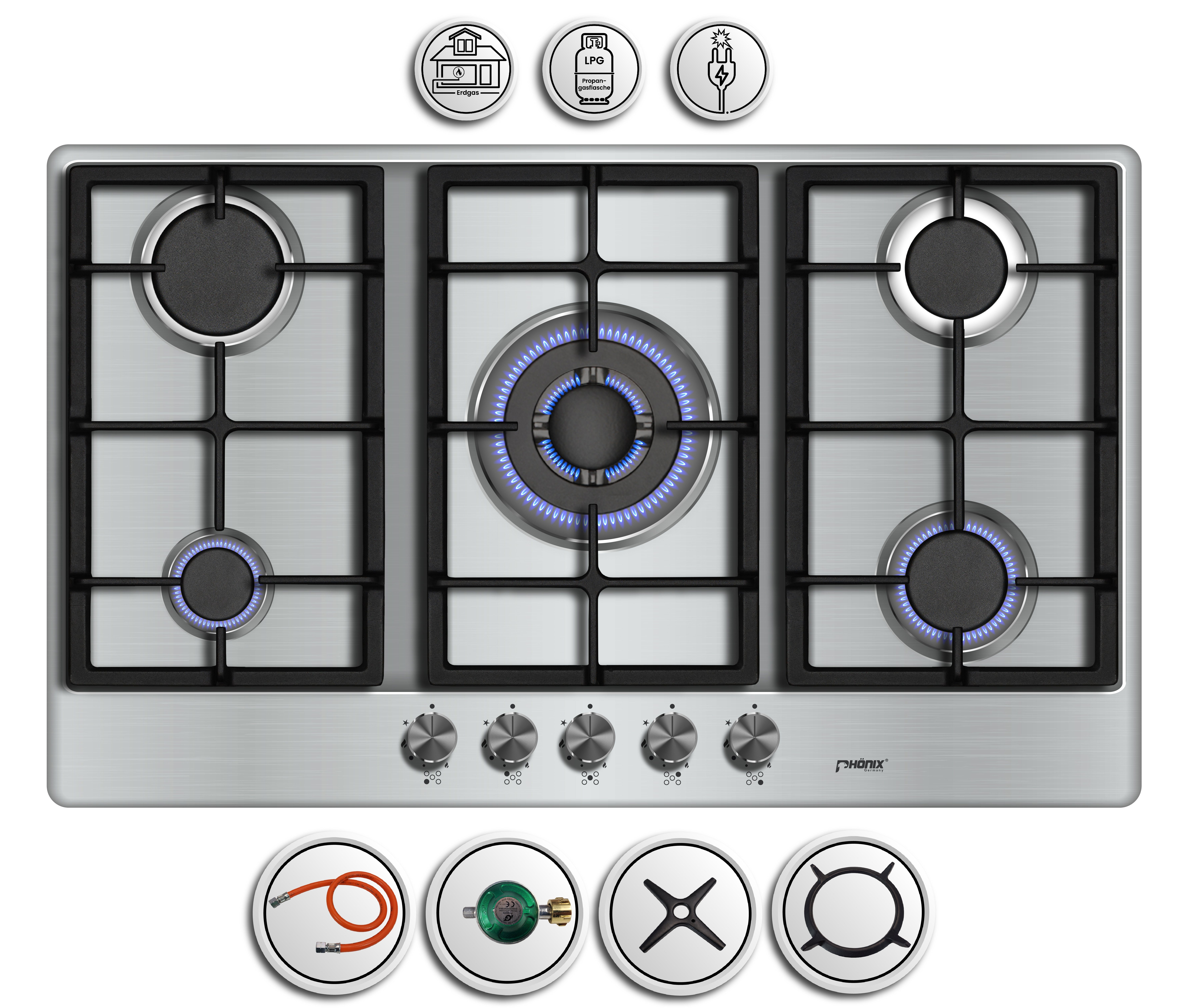 Phönix Germany Gas-Kochfeld PS-901T, Gaskocher 5 flammig mit Zündsicherung, Propan- / Erdgas, H-Gas