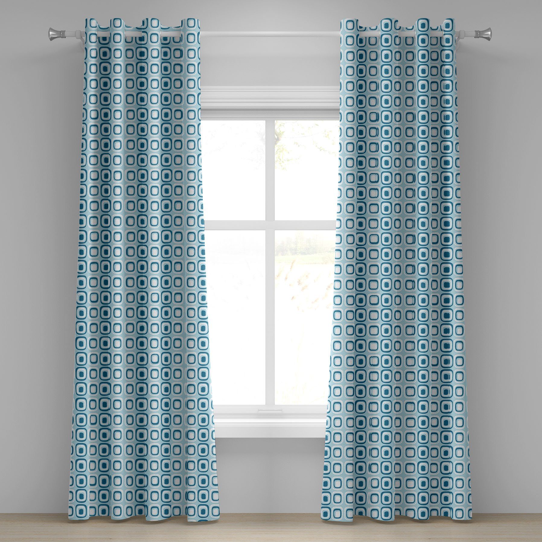 Gardine Dekorative 2-Panel-Fenstervorhänge für Schlafzimmer Wohnzimmer, Abakuhaus, Blau und weiß Retro Squares