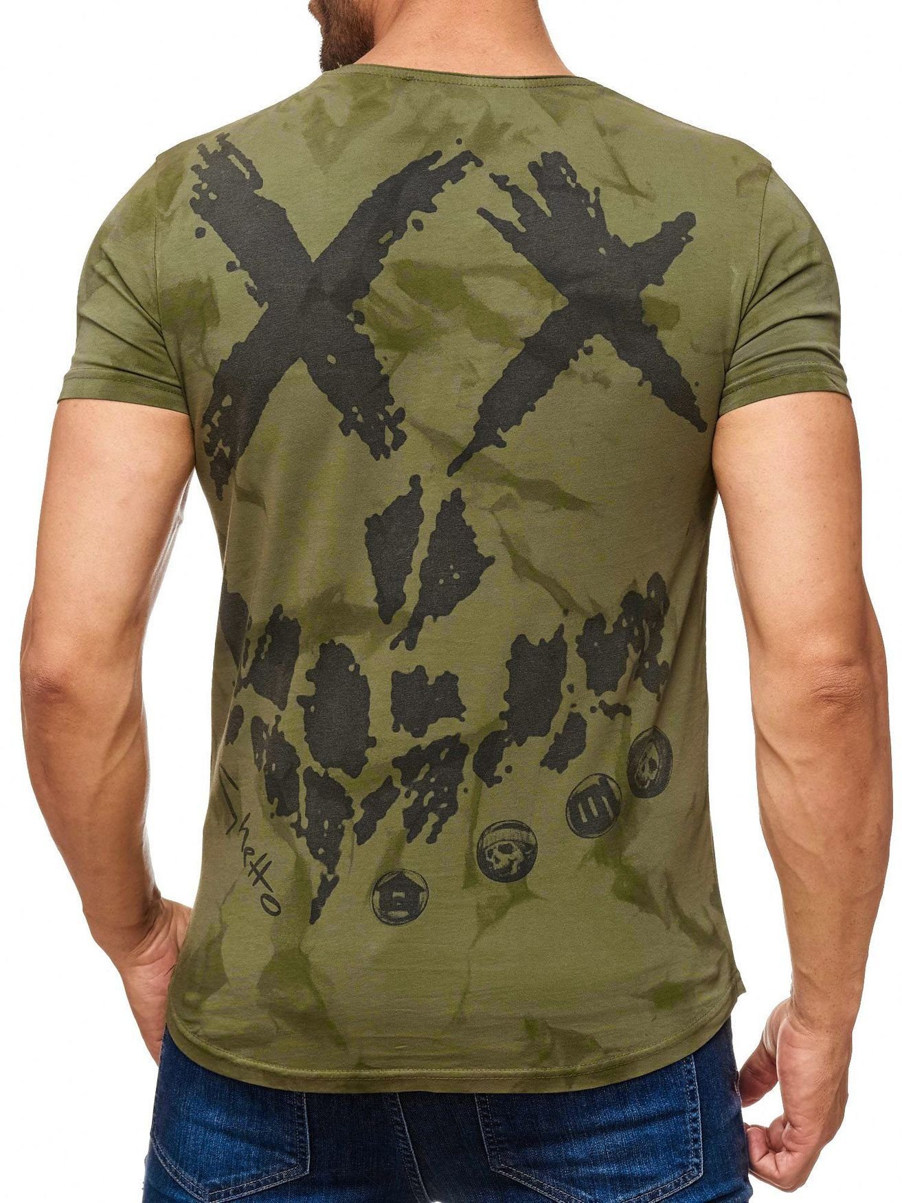 Shirt Print Punk in Skull T Batik T-Shirt Dirty Egomaxx (1-tlg) Allover 2162 Olive H2162