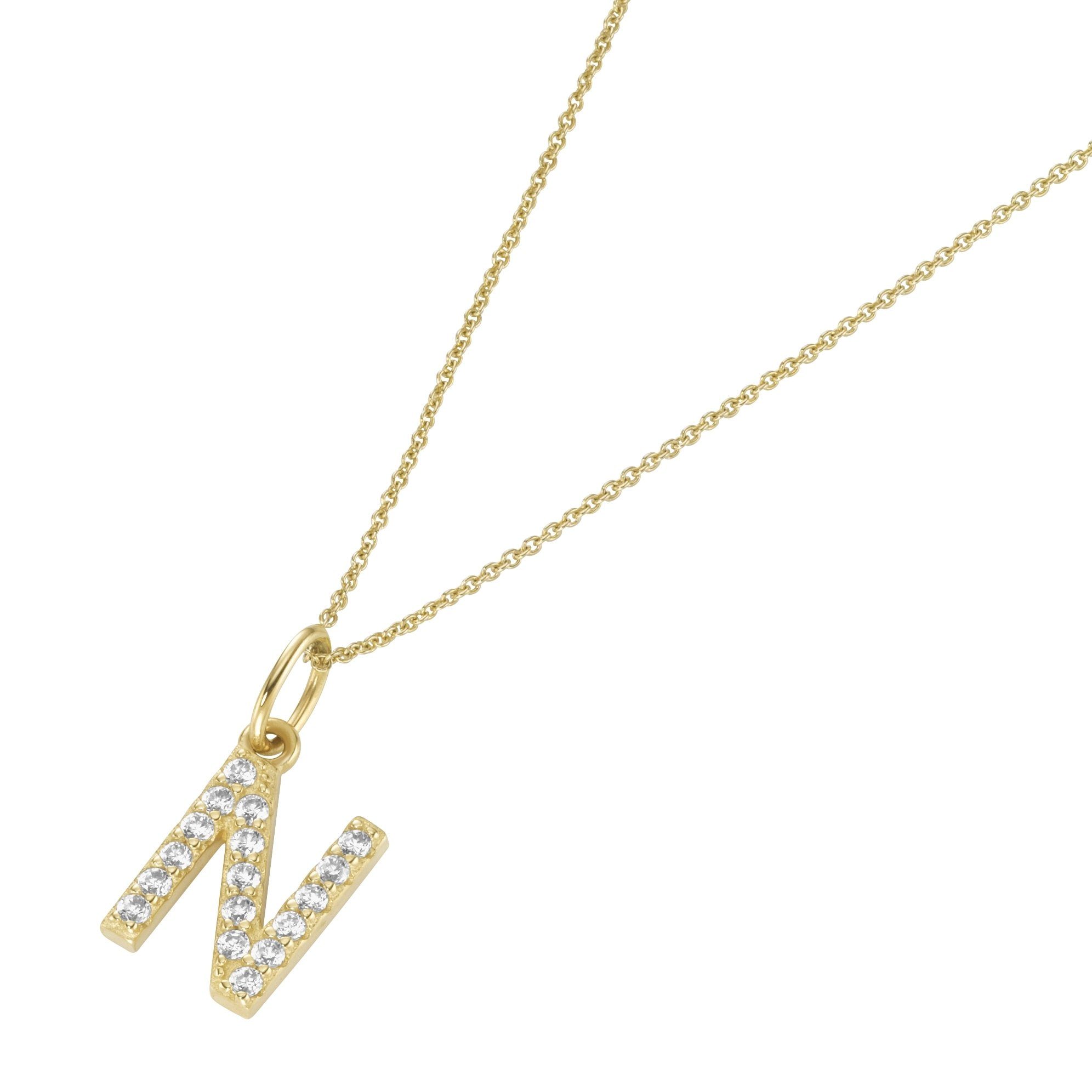 Kette mit Anhänger Anhänger Buchstabe N mit Zirkonia, Gold 375