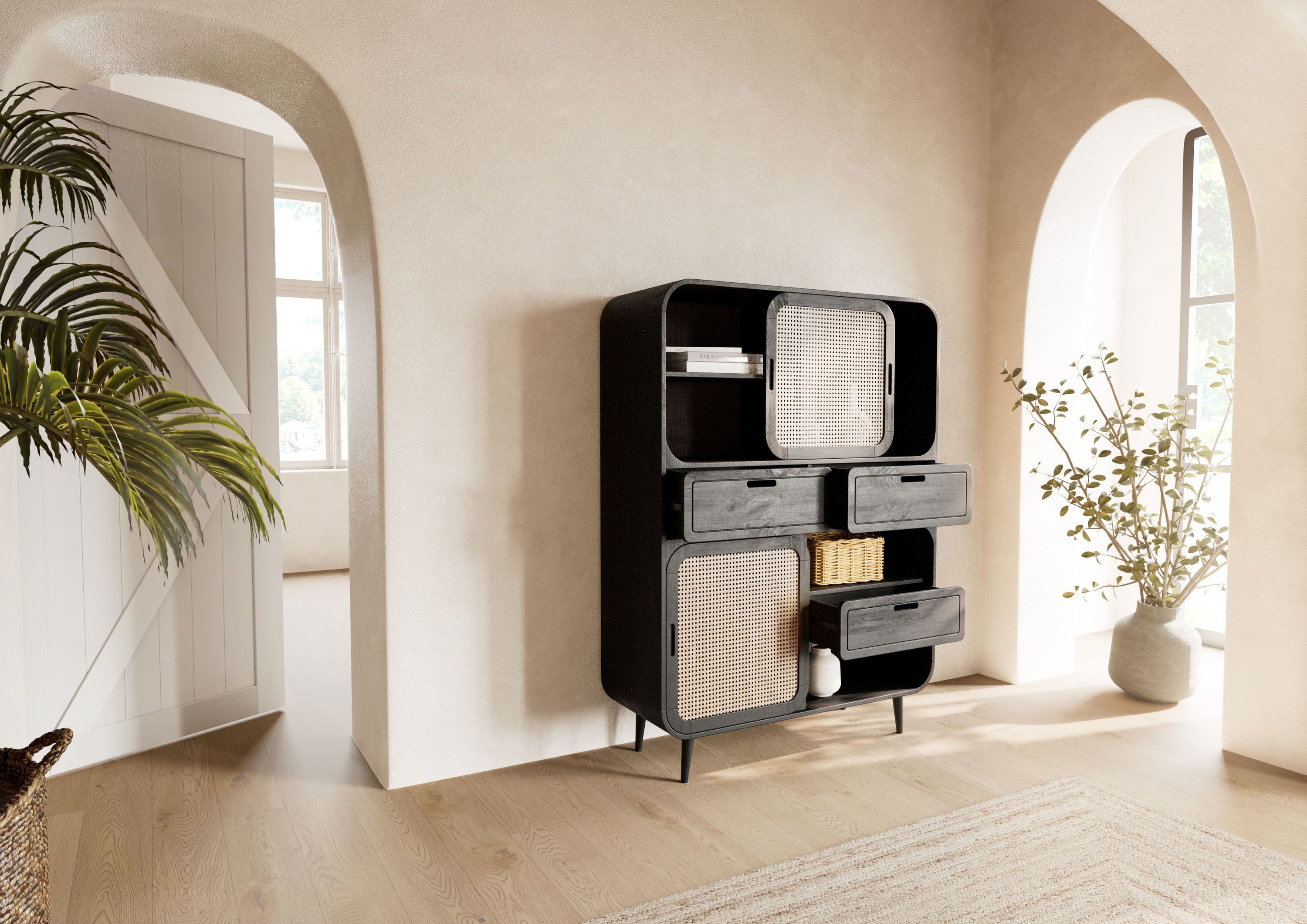 Massivmoebel24 Highboard VALENCIA (Massivholz), Mango 110x40x150 dunkelgrau lackiert VALENCIA #210