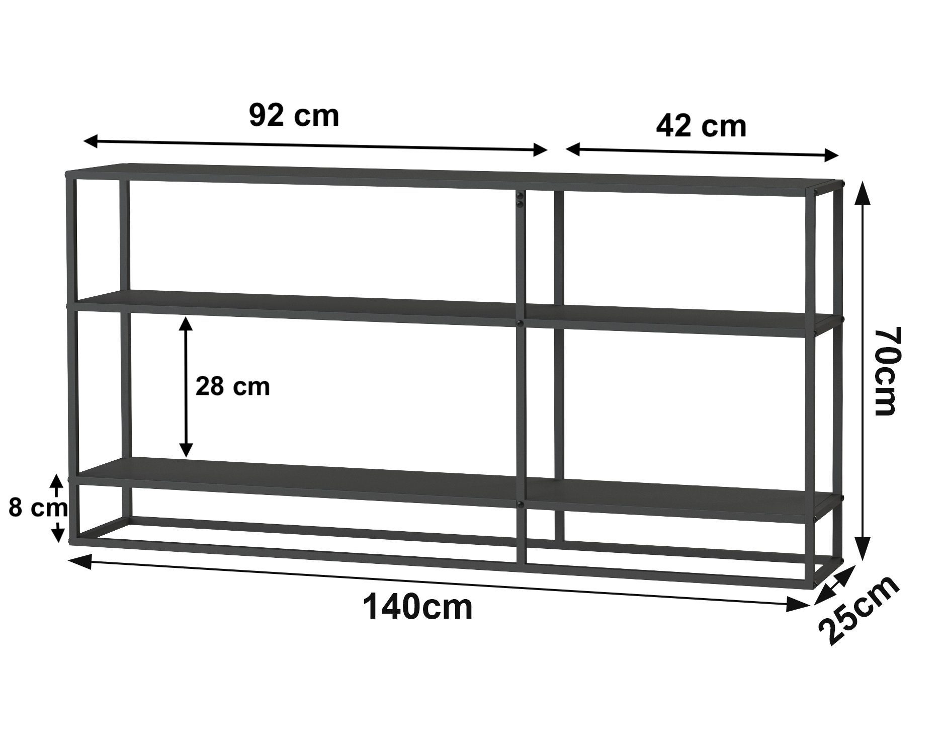 DanDiBo Ablageregal Konsolentisch Metall Schwarz Regal 3 Modern 140x70x25 Ebenen cm Schmal