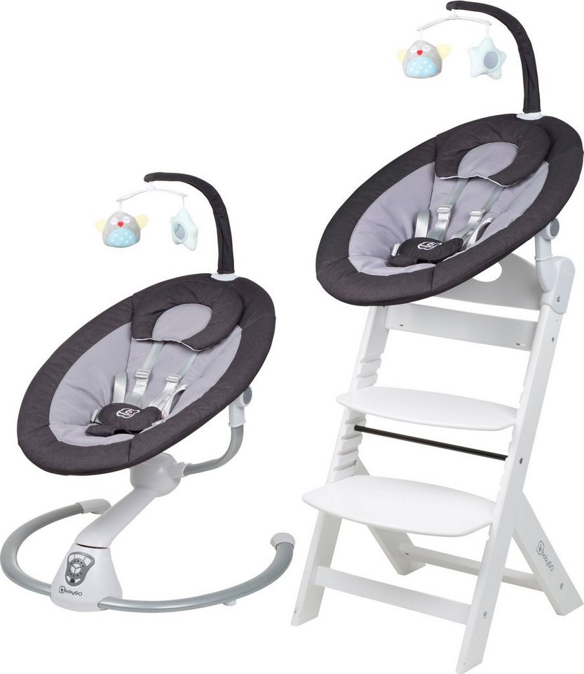 BabyGo Hochstuhl Family Homey Set, weiß/dunkelgrau, mit elektrischer  Babywippe inkl. Spielbogen