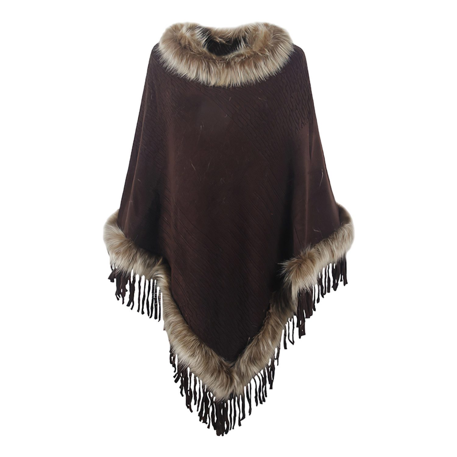 Refttenw Poncho Poncho mit Fransen,Warmer Winterponcho,Kunstfellkragen Wickelschal