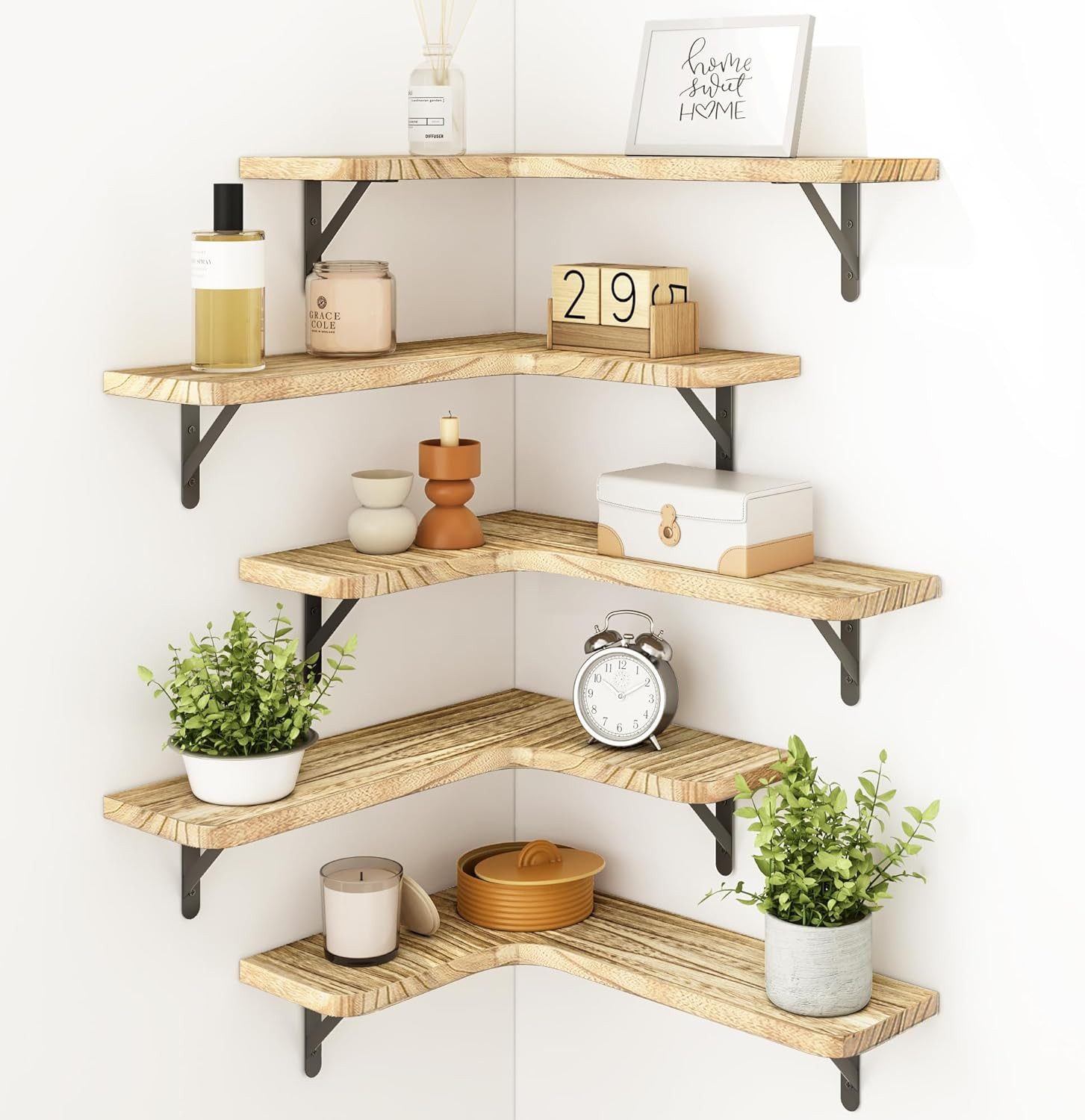 BlingBin Wandboard Schwebendes Eckregal, 5er Set Wandregal, Regalbrett aus Holz, 5er Set 5-tlg., Schweberegale für Badezimmer, Wohnzimmer, Küche, Hellbraun
