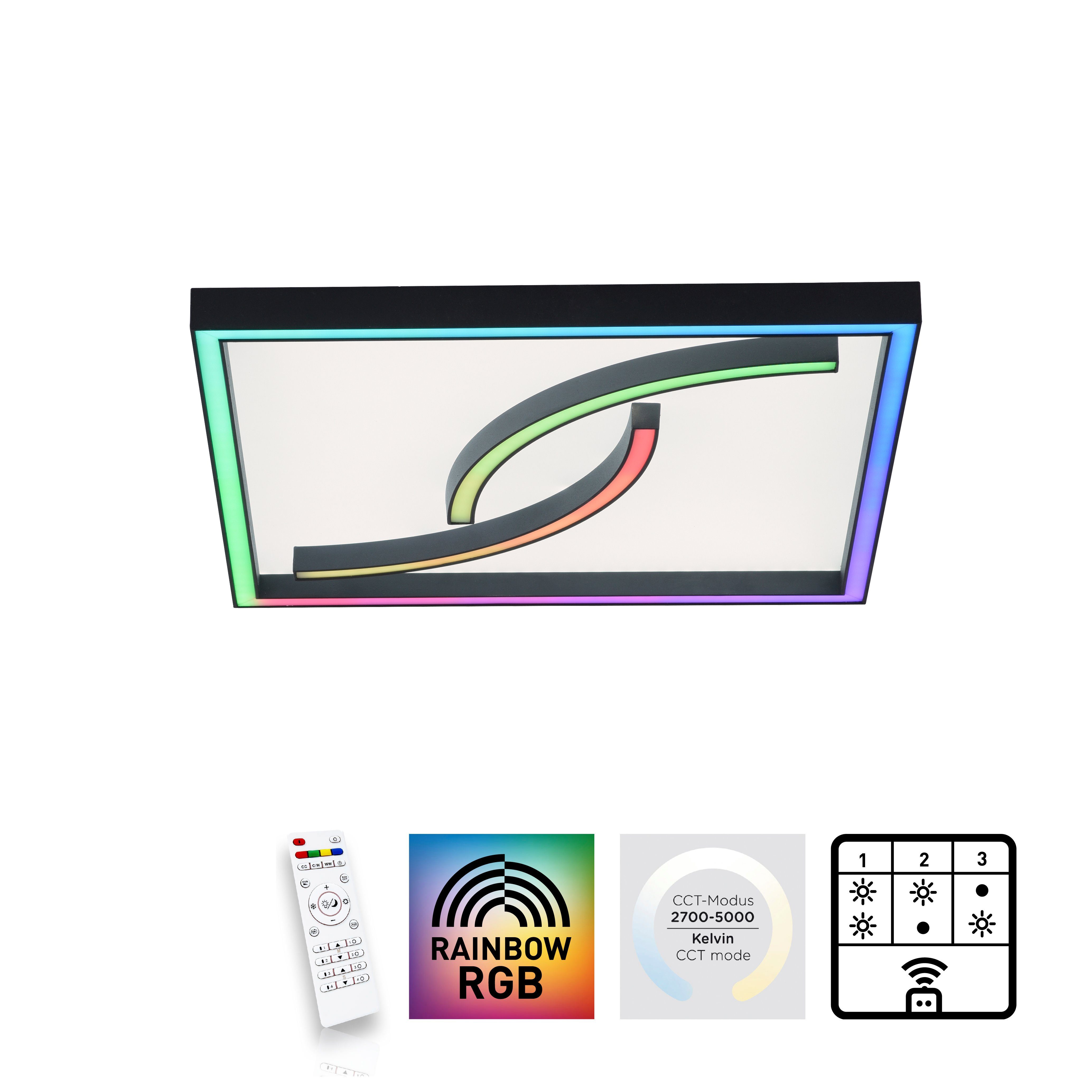 Paul Neuhaus Deckenleuchte SERPENT, LED fest integriert, warmweiß - kaltweiß,  LED, CCT - über Fernbedienung, RGB-Rainbow, dimmbar, Funk inkl., Streifen  außen und innen mit RGB-Rainbow-Effekt