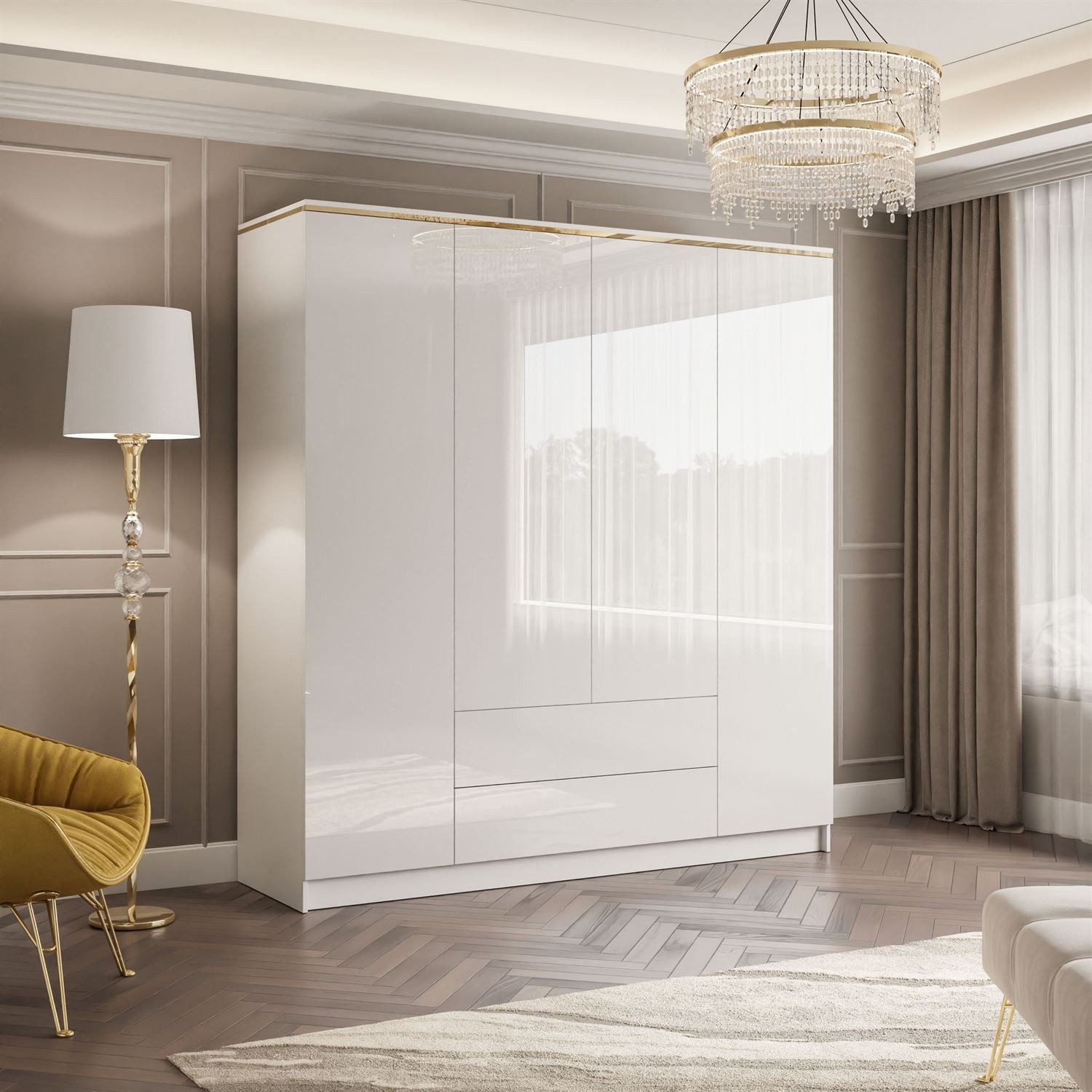 Lookway Kleiderschrank AURORA 4D2S in Weiß hochglanz mit Schubleden Breite: günstig online kaufen