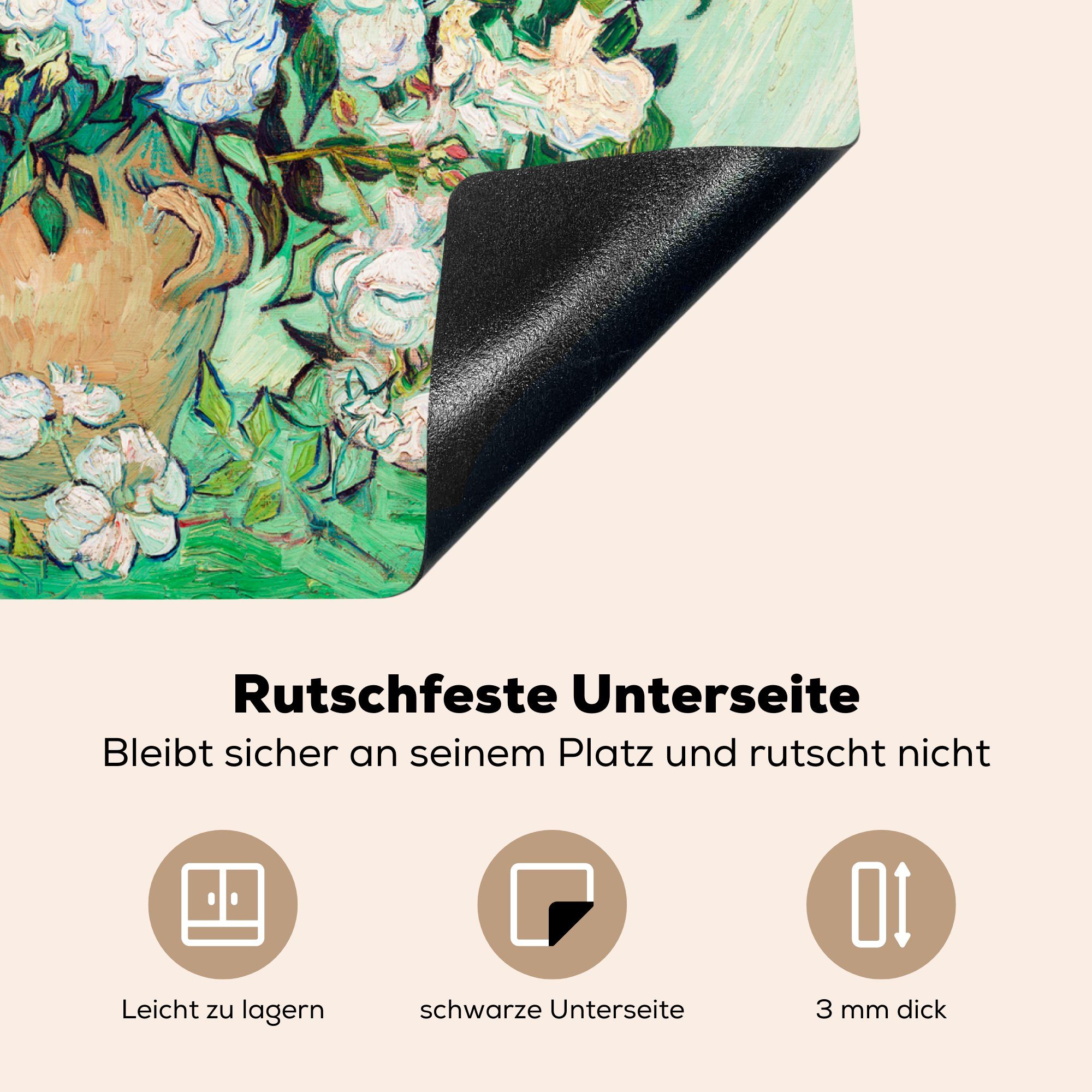 Herdblende-/Abdeckplatte Ceranfeldabdeckung für - küche, Vase Gogh, Vincent cm, (1 Rosen Vinyl, MuchoWow van mit Induktionsmatte tlg), 59x52 die