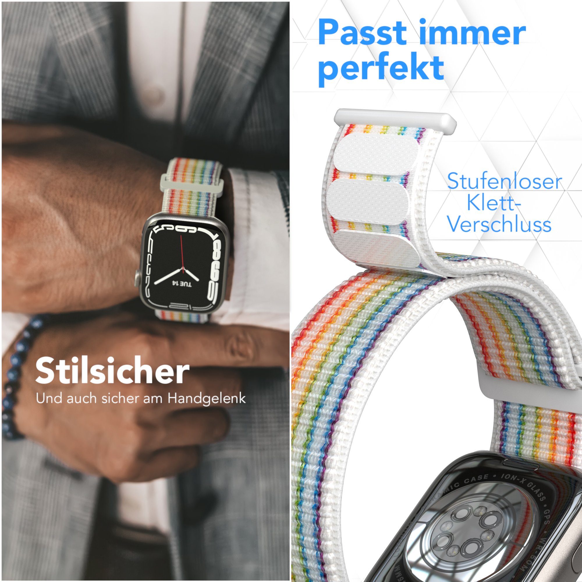 EAZY CASE Uhrenarmband Nylon Band für iWatch 11 10 9 8 7 6 5 4 3 2 SE Ultra, Sport Loop Klettverschluss Damen Herren Uhrenband Joggen Stoff Rainbow