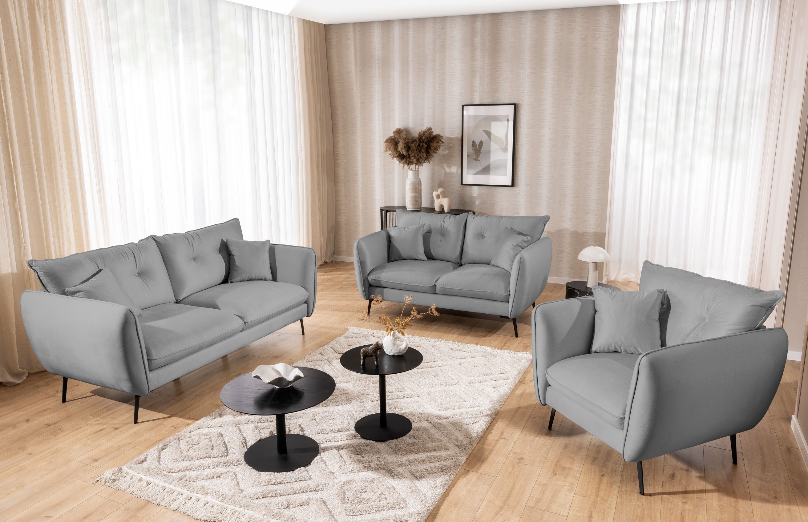 S-Style Möbel Polstergarnitur 3+2+1 Nordloft aus Samt-Stoff mit Hohen Schwarzen Metallfüßen